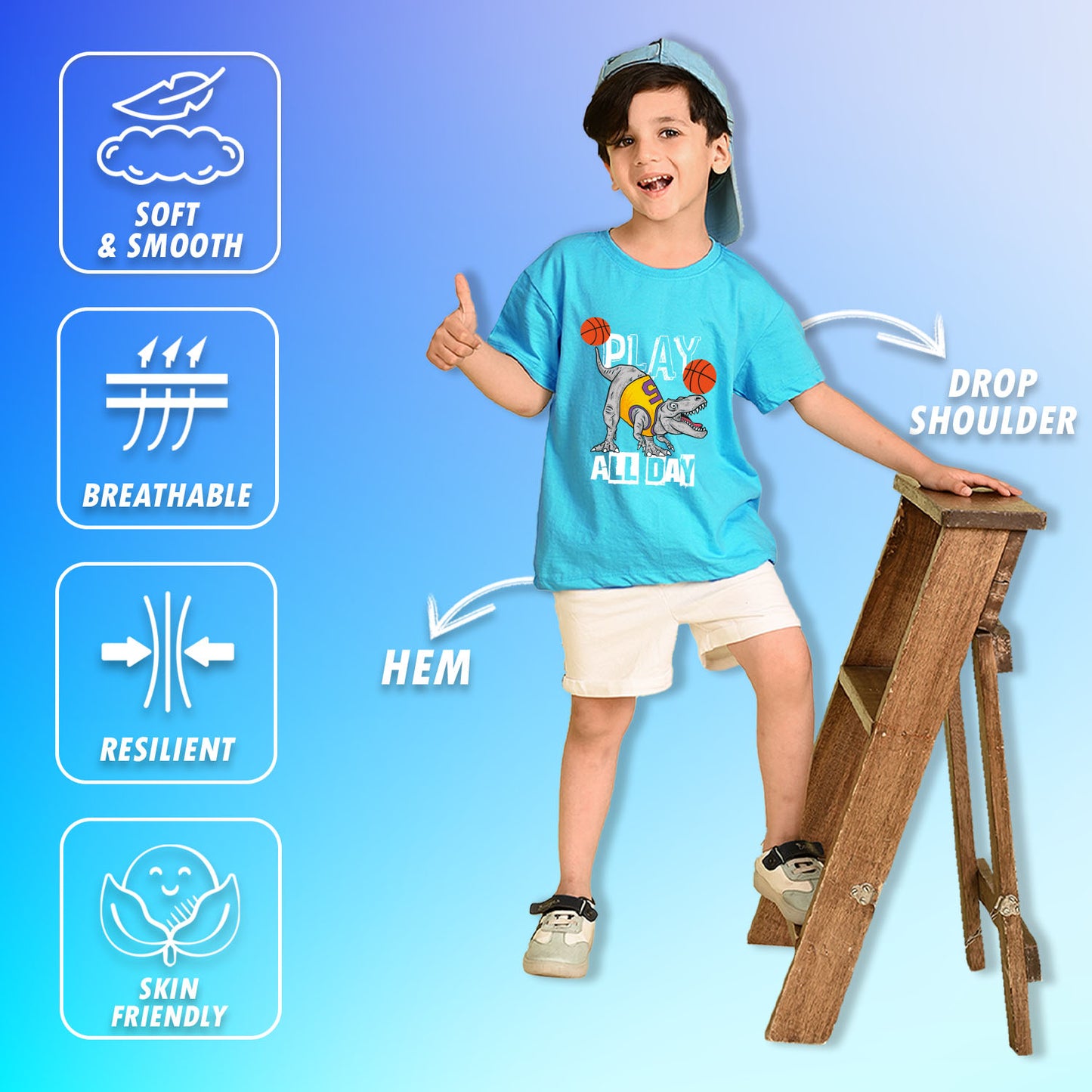 Nusyl Boys Sky Blue Play All Day Text Printed Short Sleeve Oversized T-Shirt