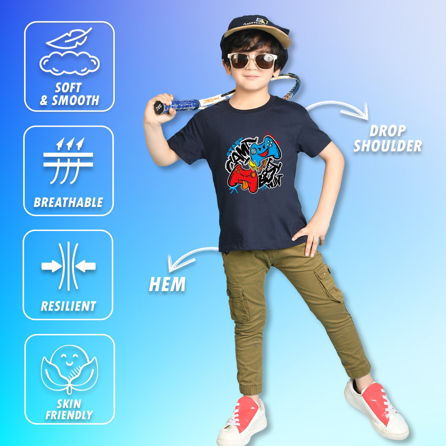 Nusyl Boys Navy Blue Best Win Text Printed Short Sleeve Oversized T-Shirt