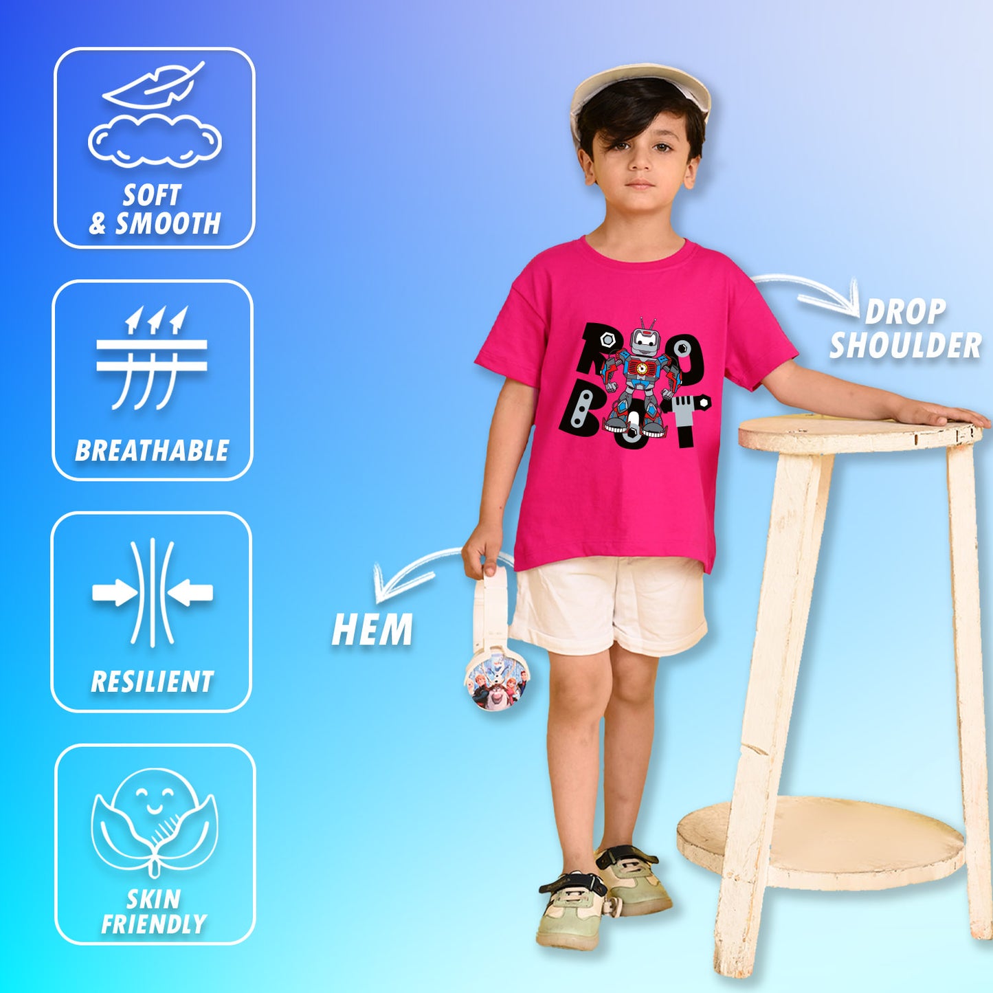 Nusyl Boys Hot Pink Robot Text Printed Short Sleeve Oversized T-Shirt