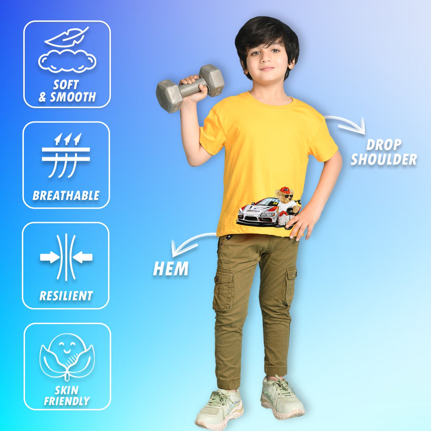 Nusyl Boys Yellow Racing Car & Teddy Bear Printed Short Sleeve Oversized T-Shirt
