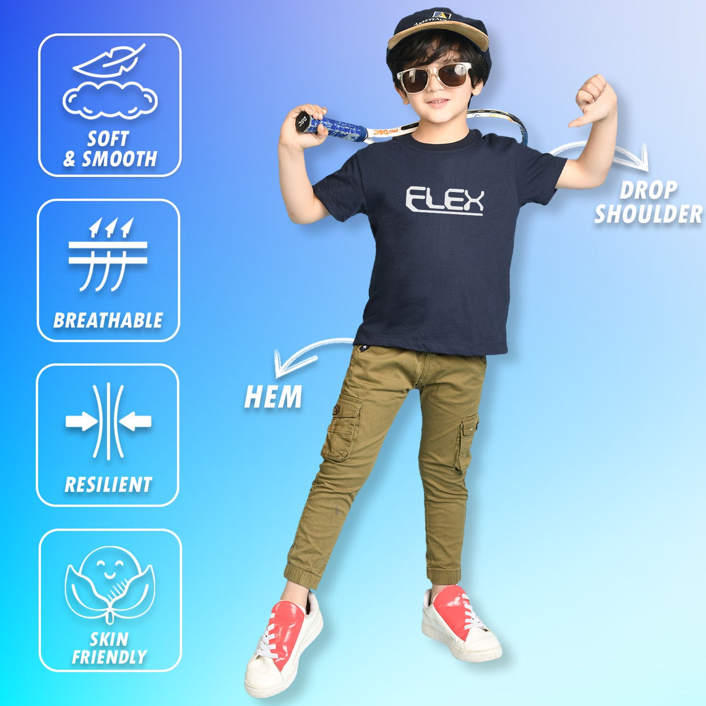 Nusyl Boys Navy Blue Flex Text Printed Short Sleeve Oversized T-Shirt
