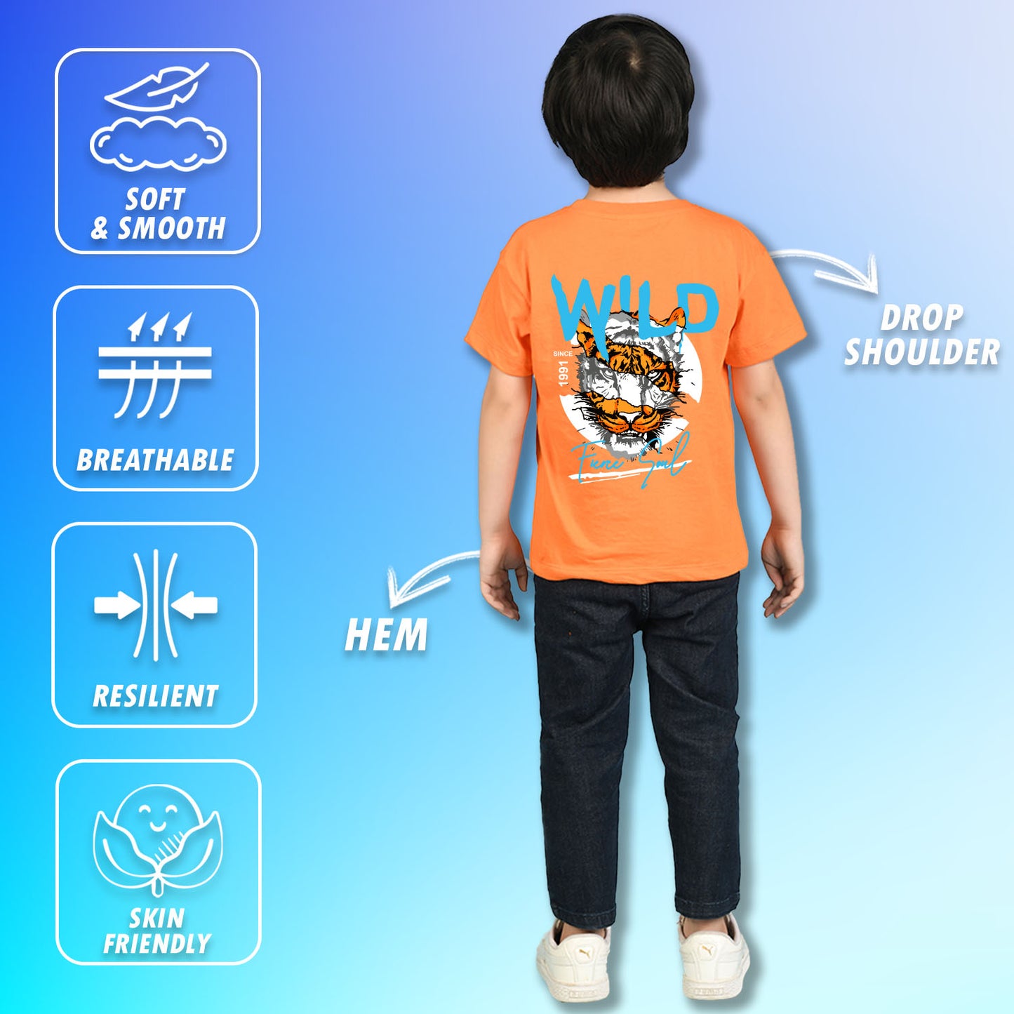 Nusyl Boys Orange Wild Text Printed Short Sleeve Oversized T-Shirt