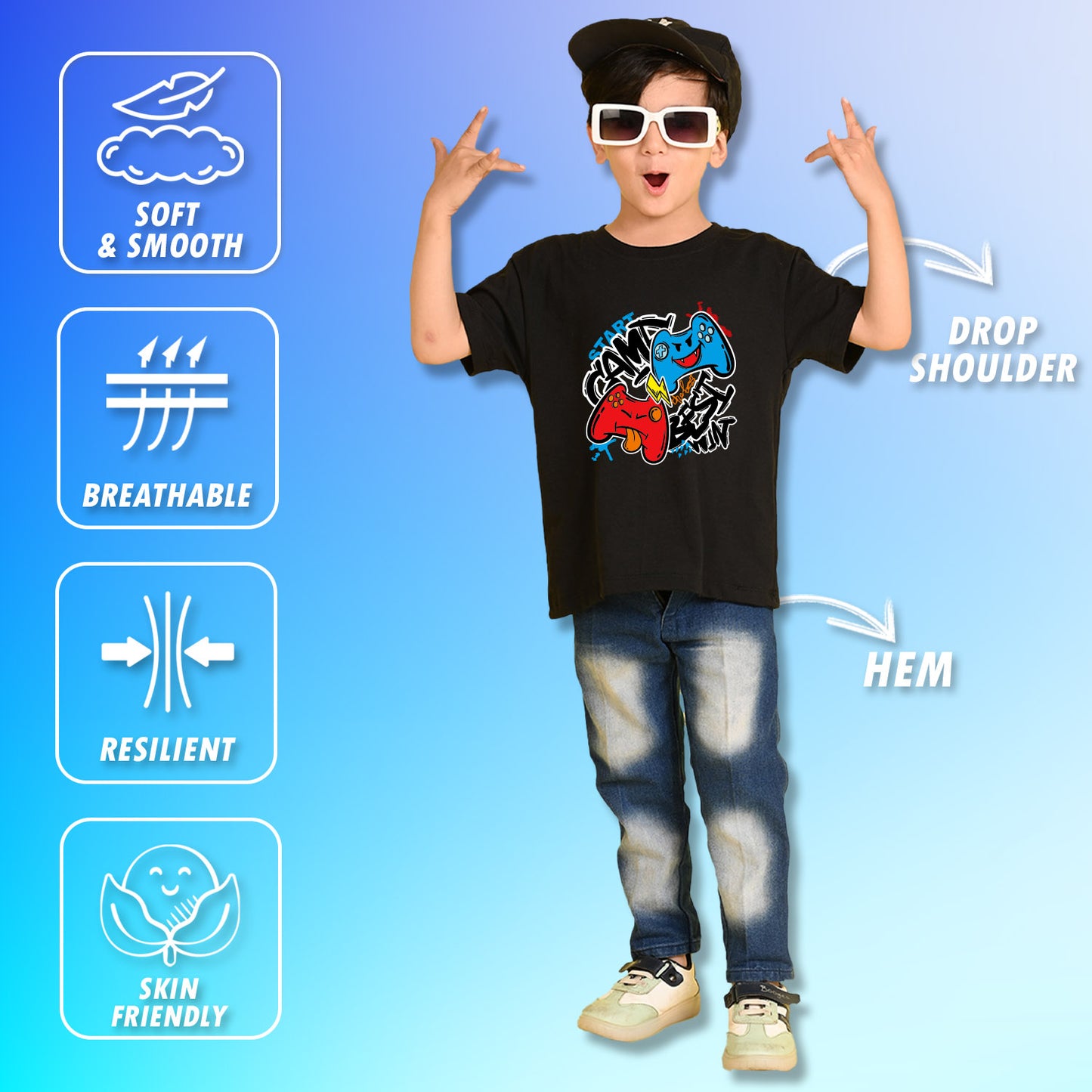 Nusyl Boys Black Best Win Text Printed Short Sleeve Oversized T-Shirt