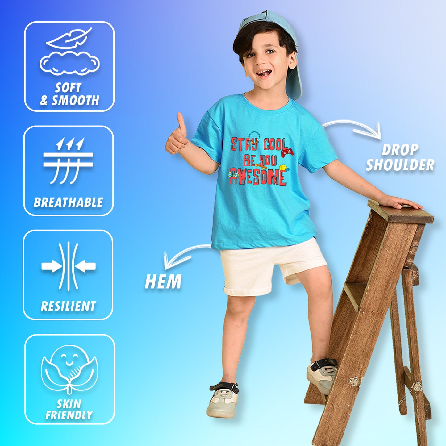 Nusyl Boys Sky Blue Stay Cool Be You Awesome Text Printed Short Sleeve Oversized T-Shirt