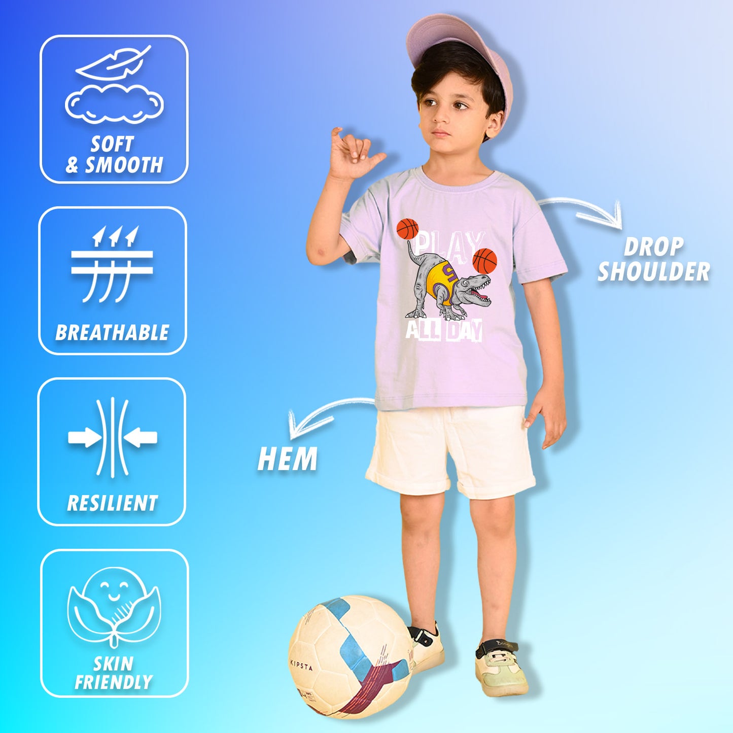 Nusyl Boys Lilac Play All Day Text Printed Short Sleeve Oversized T-Shirt