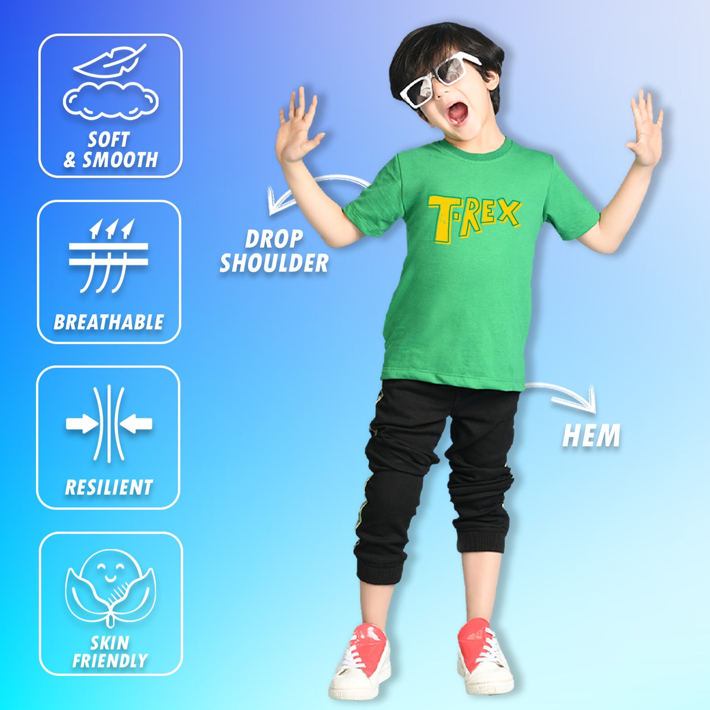 Nusyl Boys Green T-Rex Text Printed Short Sleeve Oversized T-Shirt