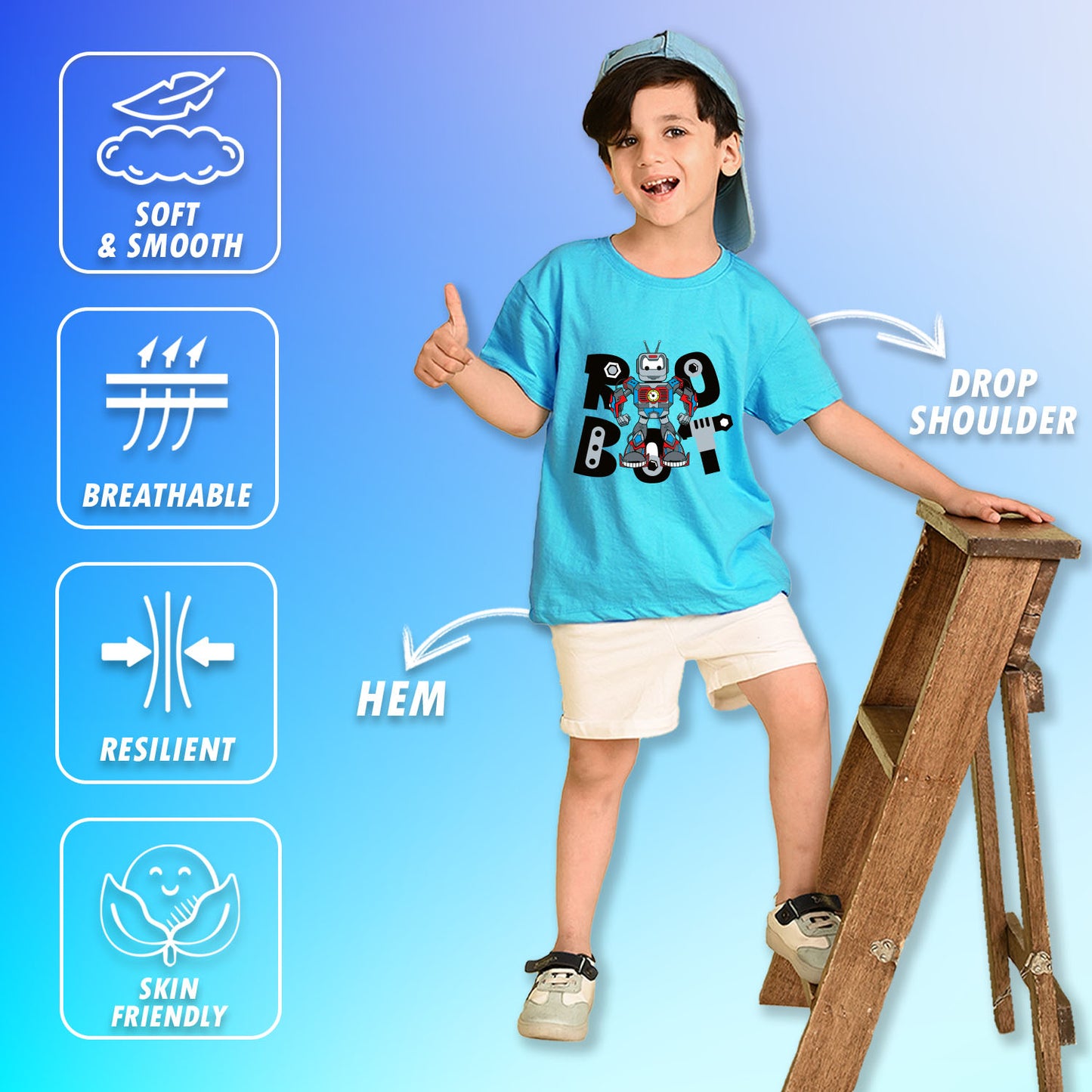 Nusyl Boys Sky Blue Robot Text Printed Short Sleeve Oversized T-Shirt