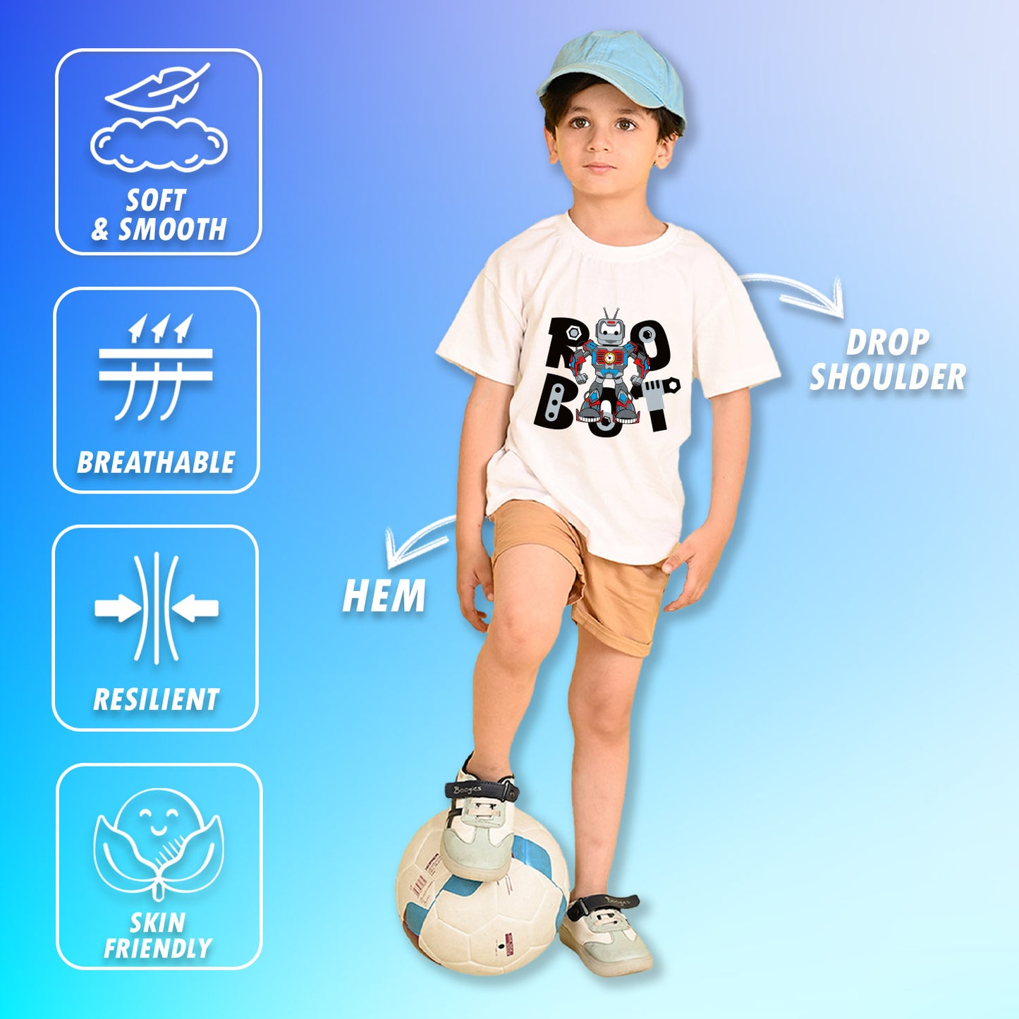 Nusyl Boys White Robot Text Printed Short Sleeve Oversized T-Shirt