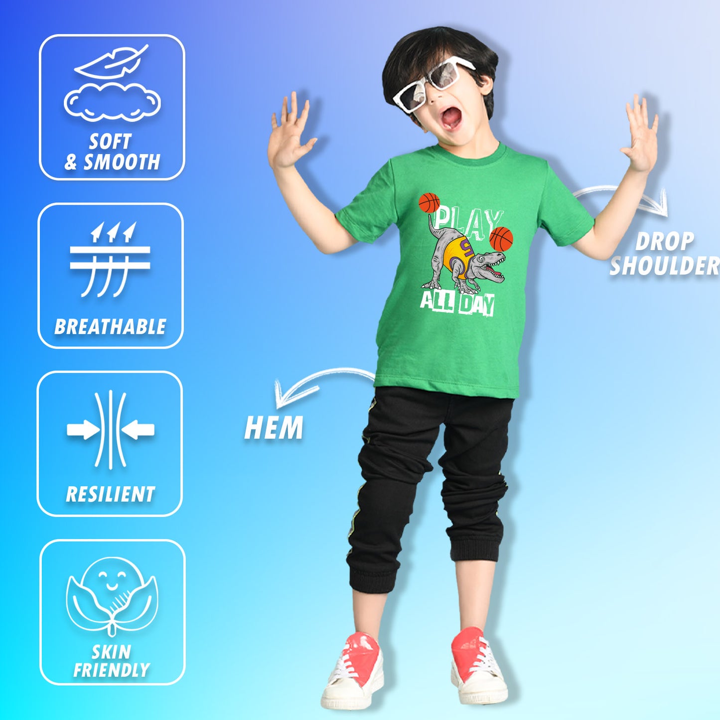 Nusyl Boys Green Play All Day Text Printed Short Sleeve Oversized T-Shirt