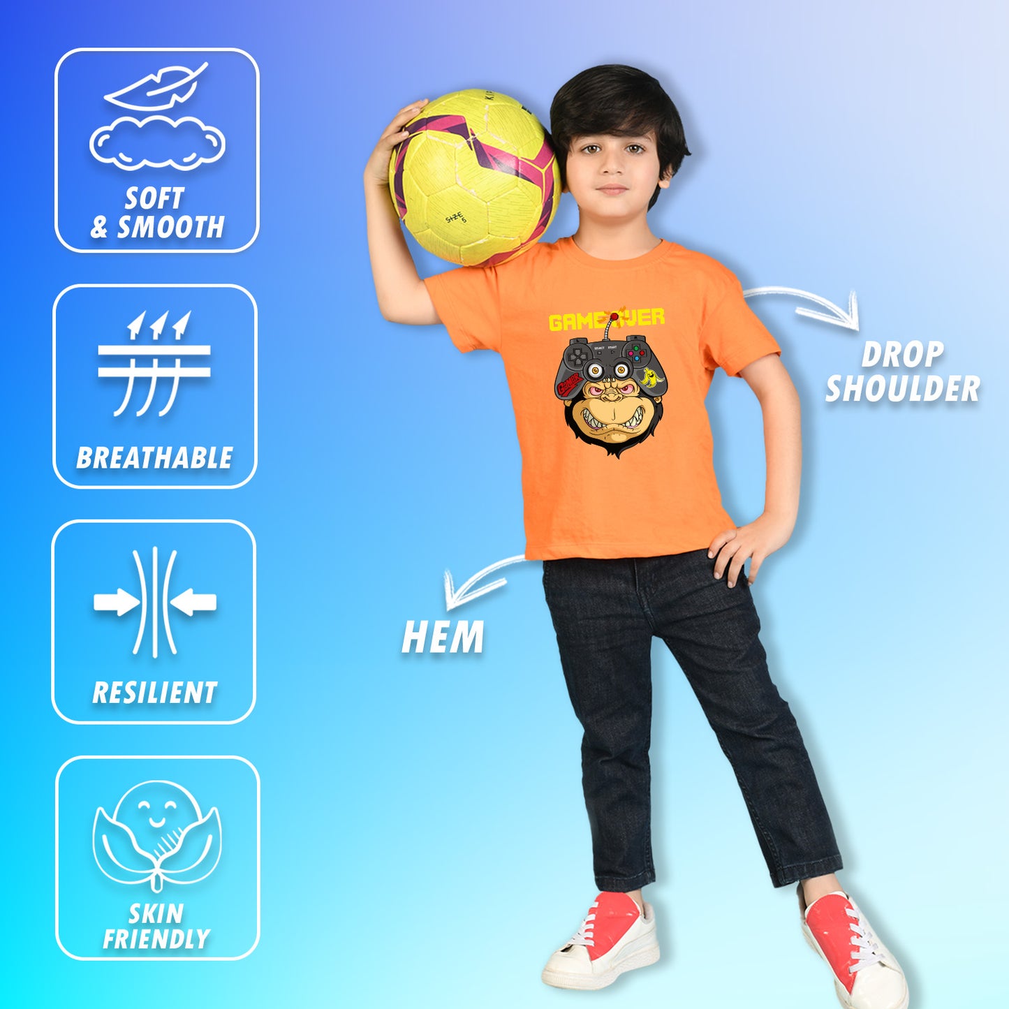 Nusyl Boys Orange Game Over Text Printed Short Sleeve Oversized T-Shirt