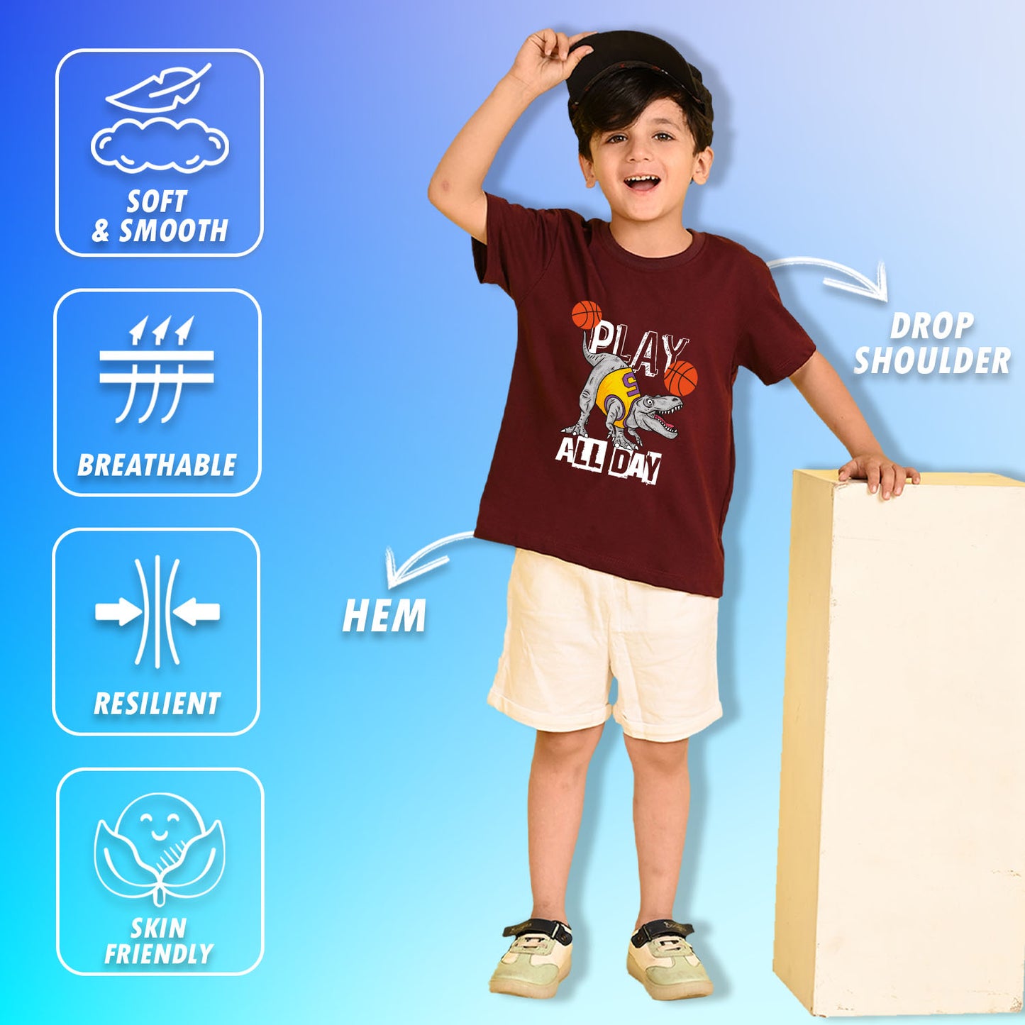 Nusyl Boys Wine Play All Day Text Printed Short Sleeve Oversized T-Shirt