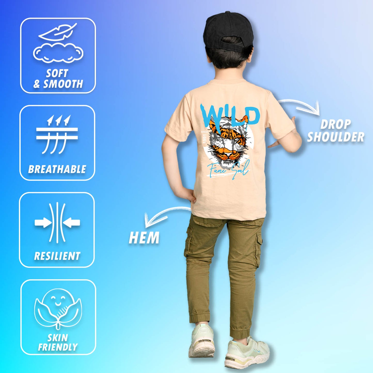 Nusyl Boys Beige Wild Text Printed Short Sleeve Oversized T-Shirt