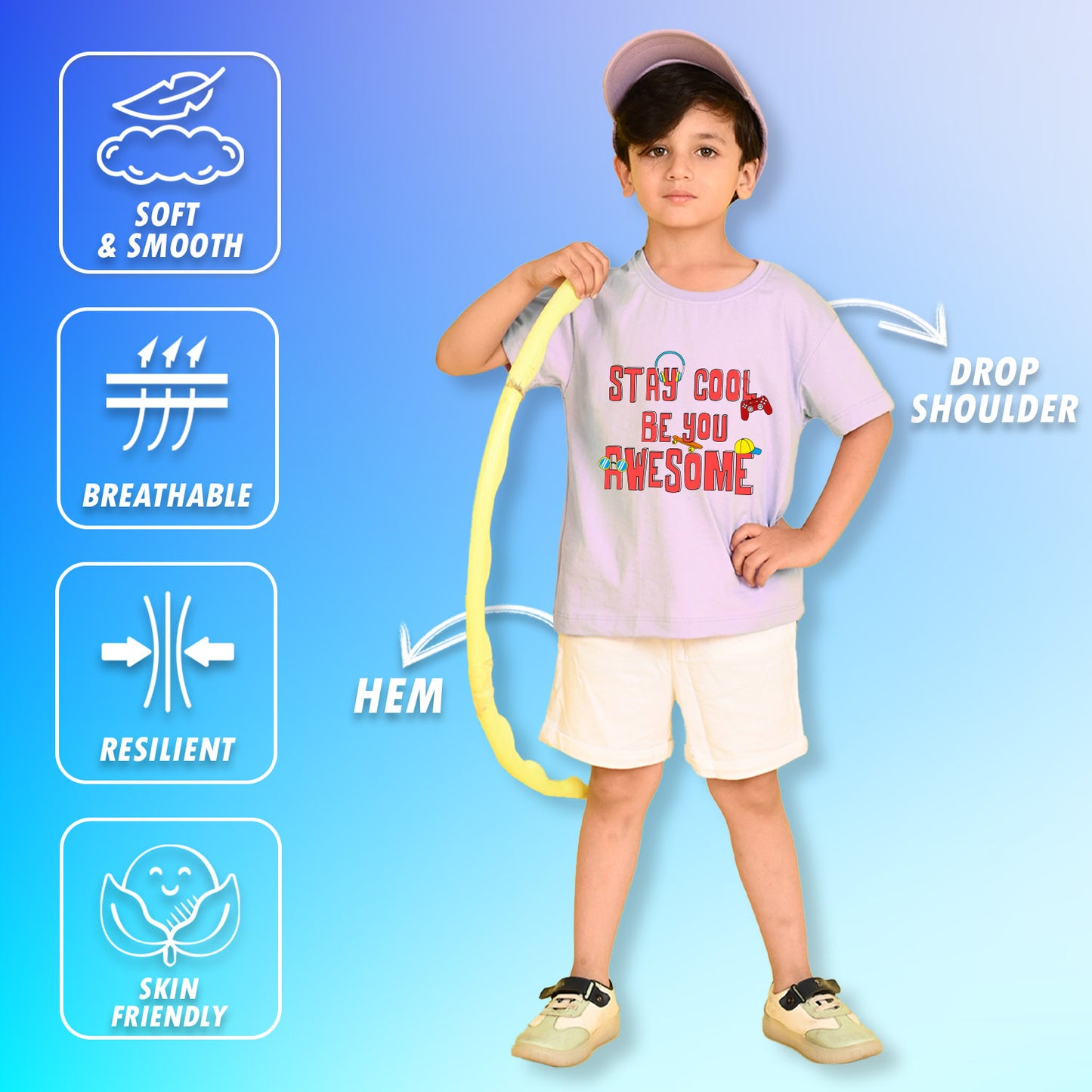 Nusyl Boys Lilac Stay Cool Be You Awesome Text Printed Short Sleeve Oversized T-Shirt