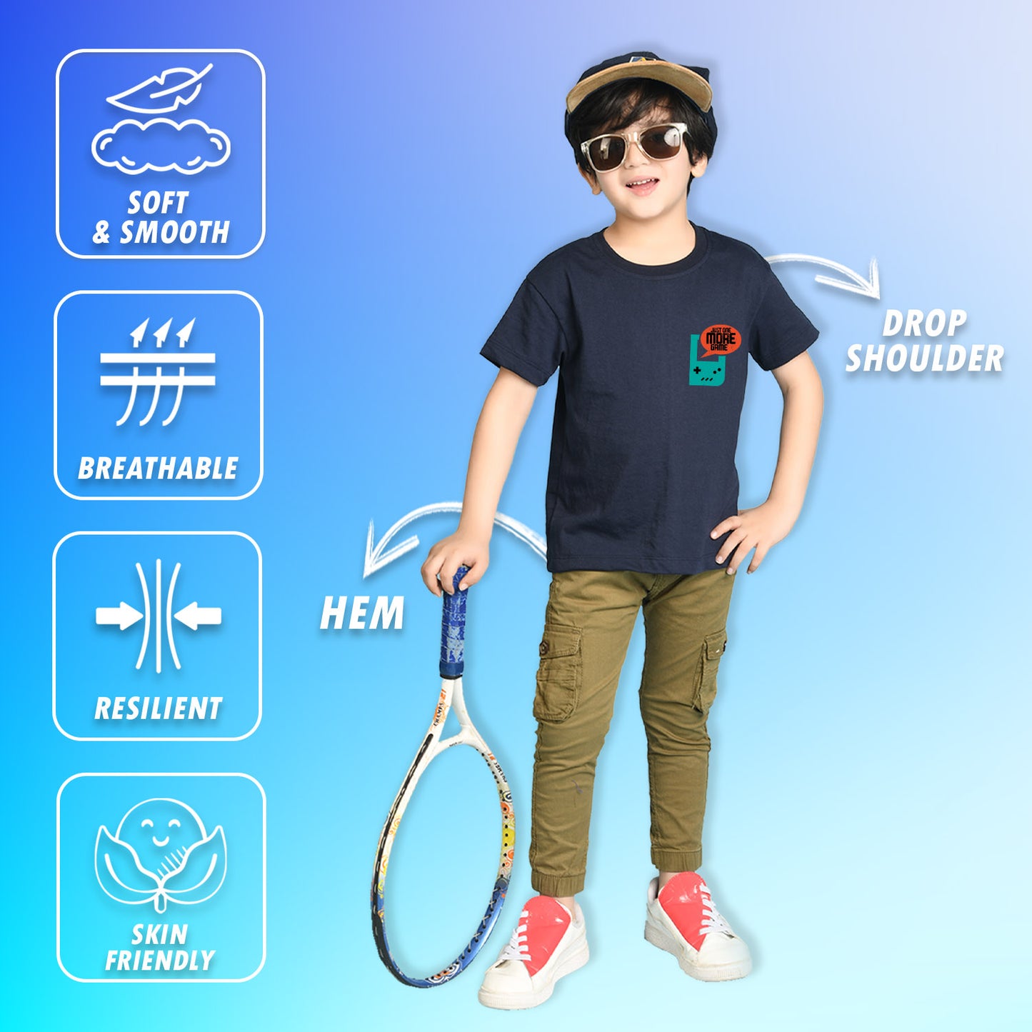 Nusyl Boys Navy Blue Just One More Game Text Printed Short Sleeve Oversized T-Shirt