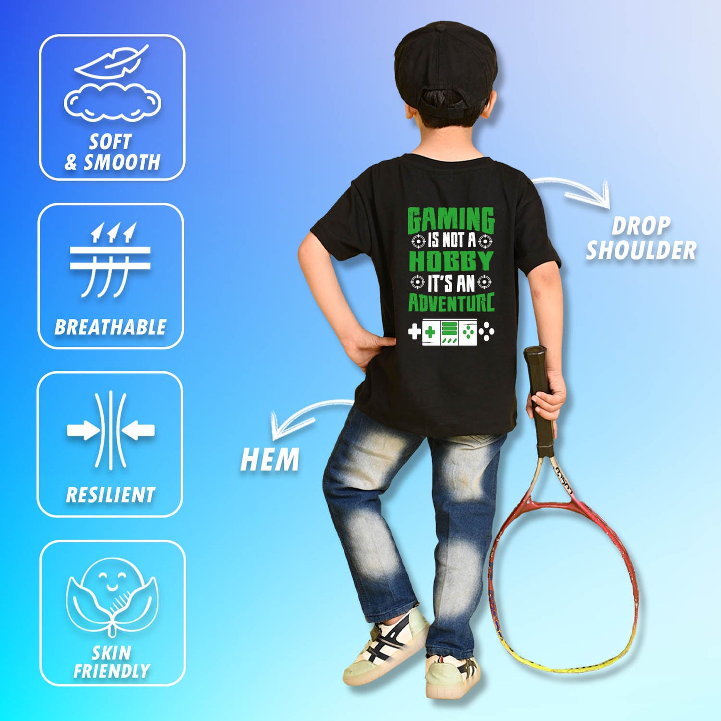 Nusyl Boys Black Gaming is Not A Hobby Text Printed Short Sleeve Oversized T-Shirt