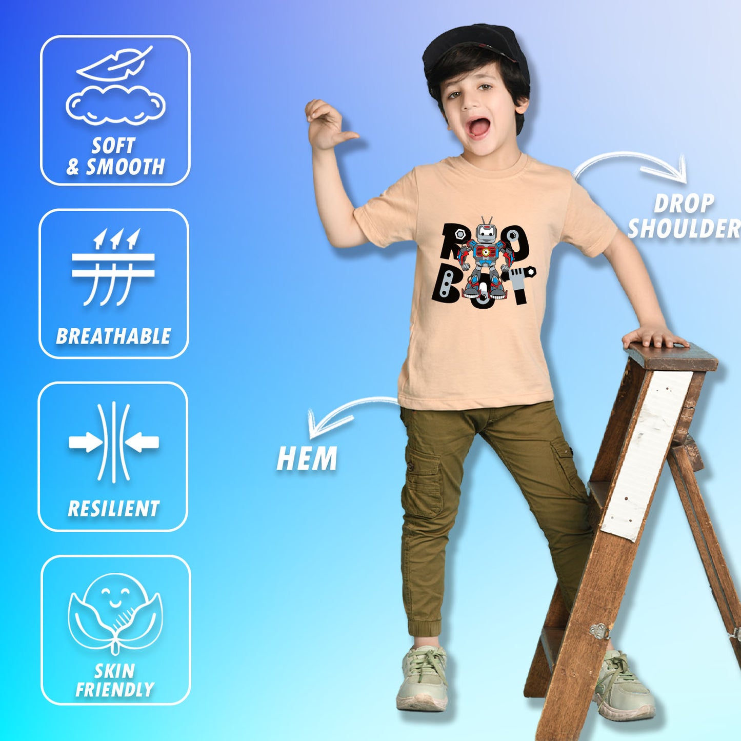 Nusyl Boys Beige Robot Text Printed Short Sleeve Oversized T-Shirt