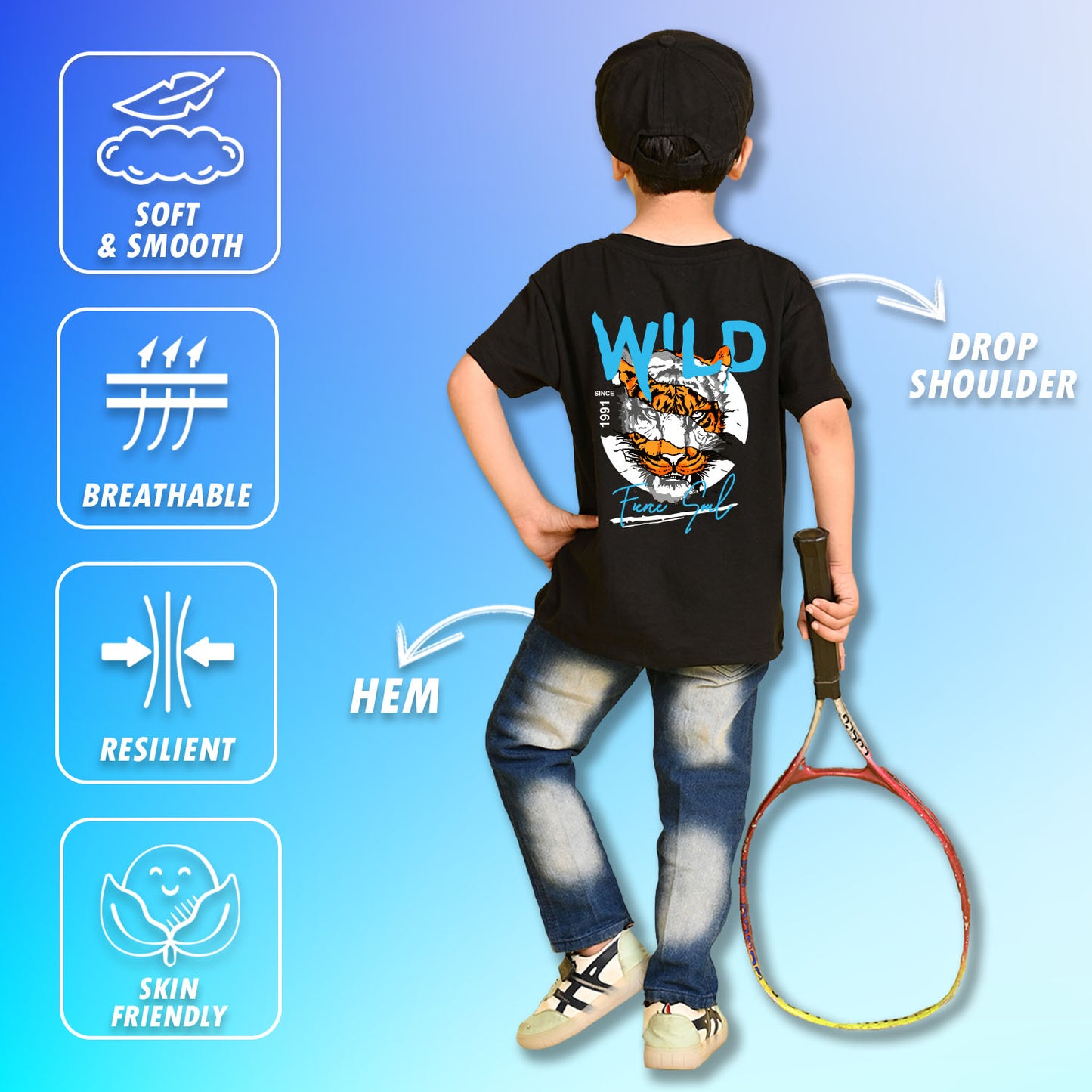 Nusyl Boys Black Wild Text Printed Short Sleeve Oversized T-Shirt