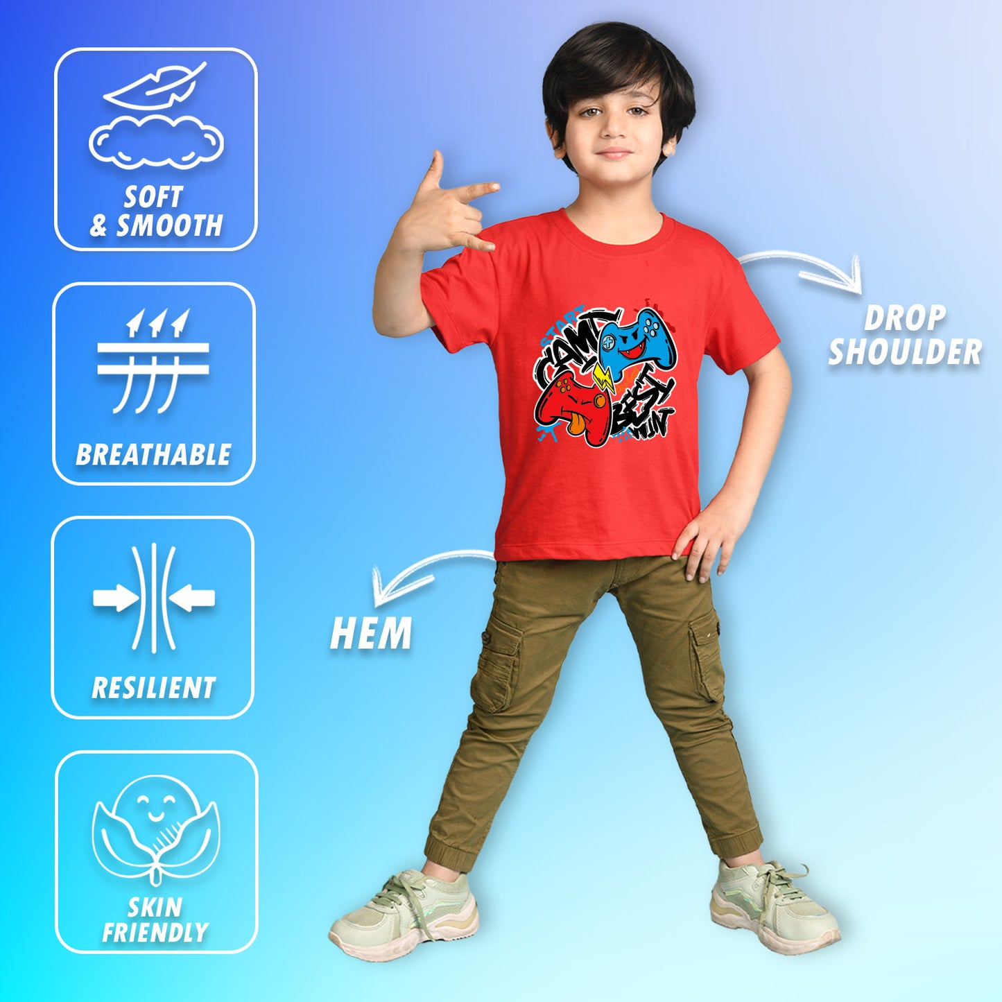 Nusyl Boys Red Best Win Text Printed Short Sleeve Oversized T-Shirt