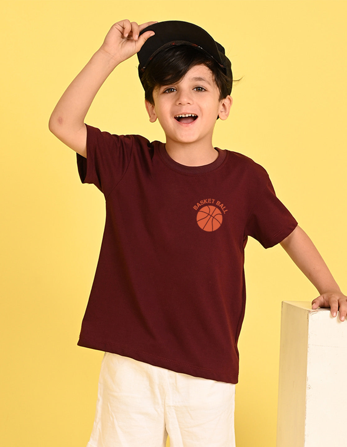 Nusyl Boys Wine Text & Basket Ball Printed Short sleeve Cotton Blend Oversized T-shirts