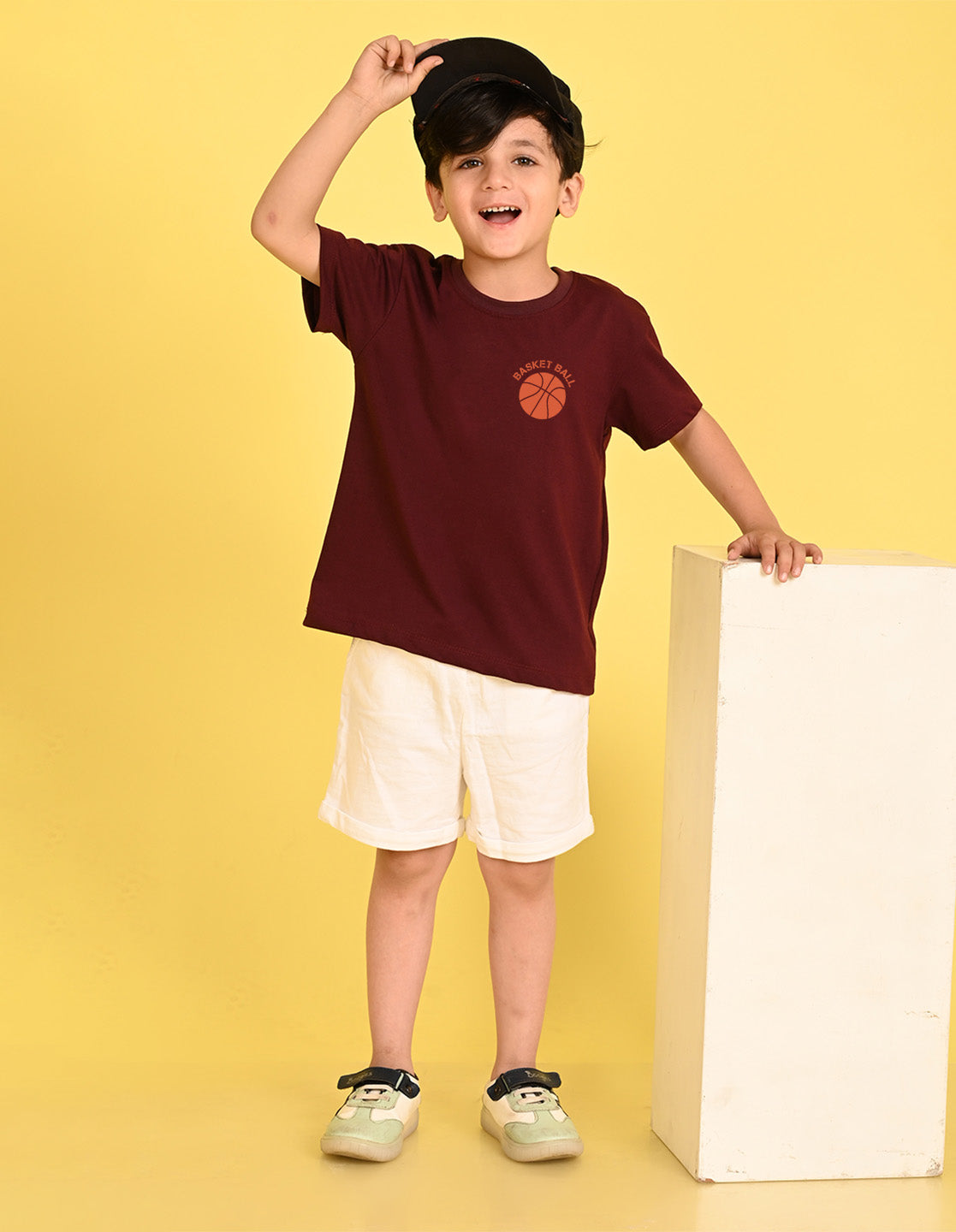 Nusyl Boys Wine Text & Basket Ball Printed Short sleeve Cotton Blend Oversized T-shirts