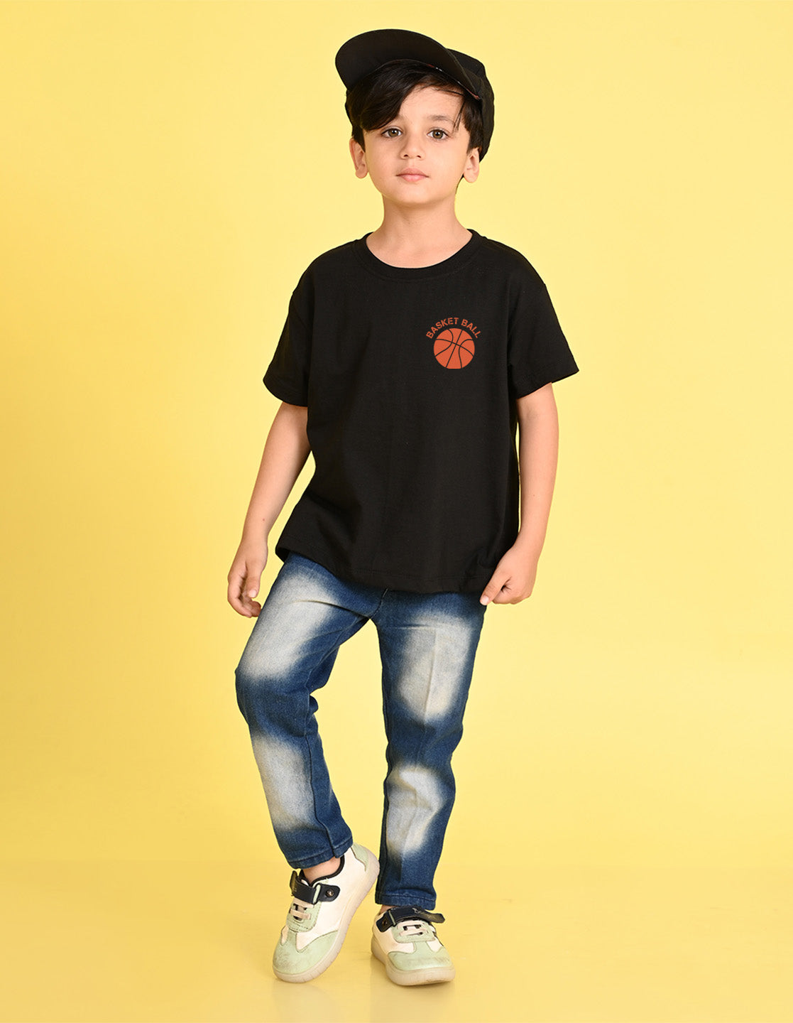 Nusyl Boys Black Text & Basket Ball Printed Short sleeve Cotton Blend Oversized T-shirts