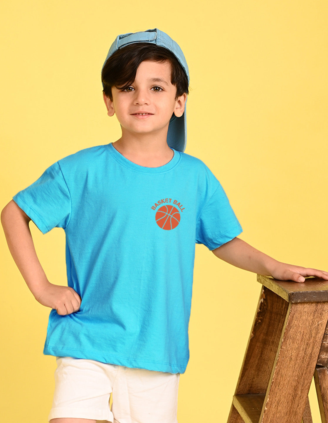 Nusyl Boys Sky Blue Text & Basket Ball Printed Short sleeve Cotton Blend Oversized T-shirts