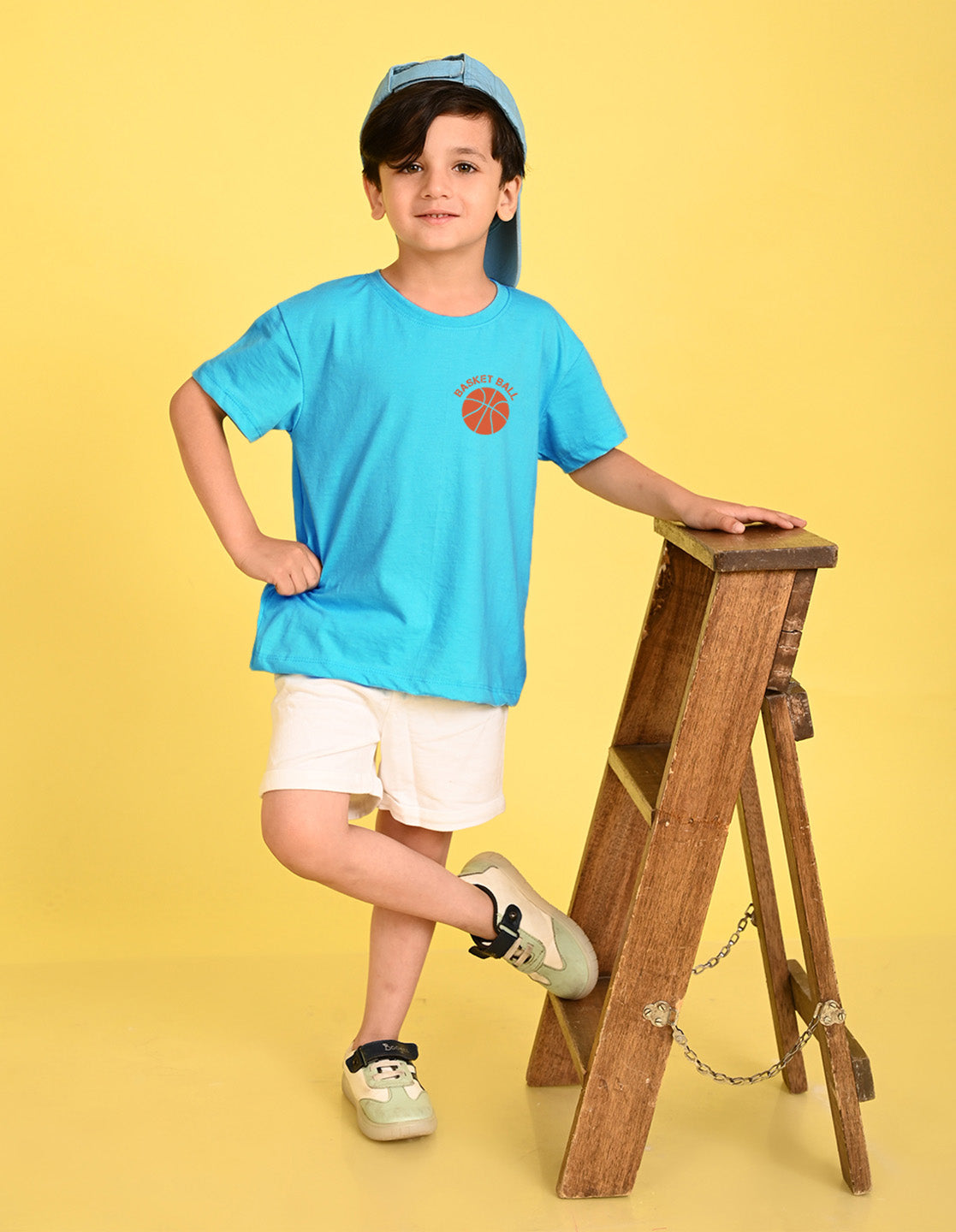 Nusyl Boys Sky Blue Text & Basket Ball Printed Short sleeve Cotton Blend Oversized T-shirts