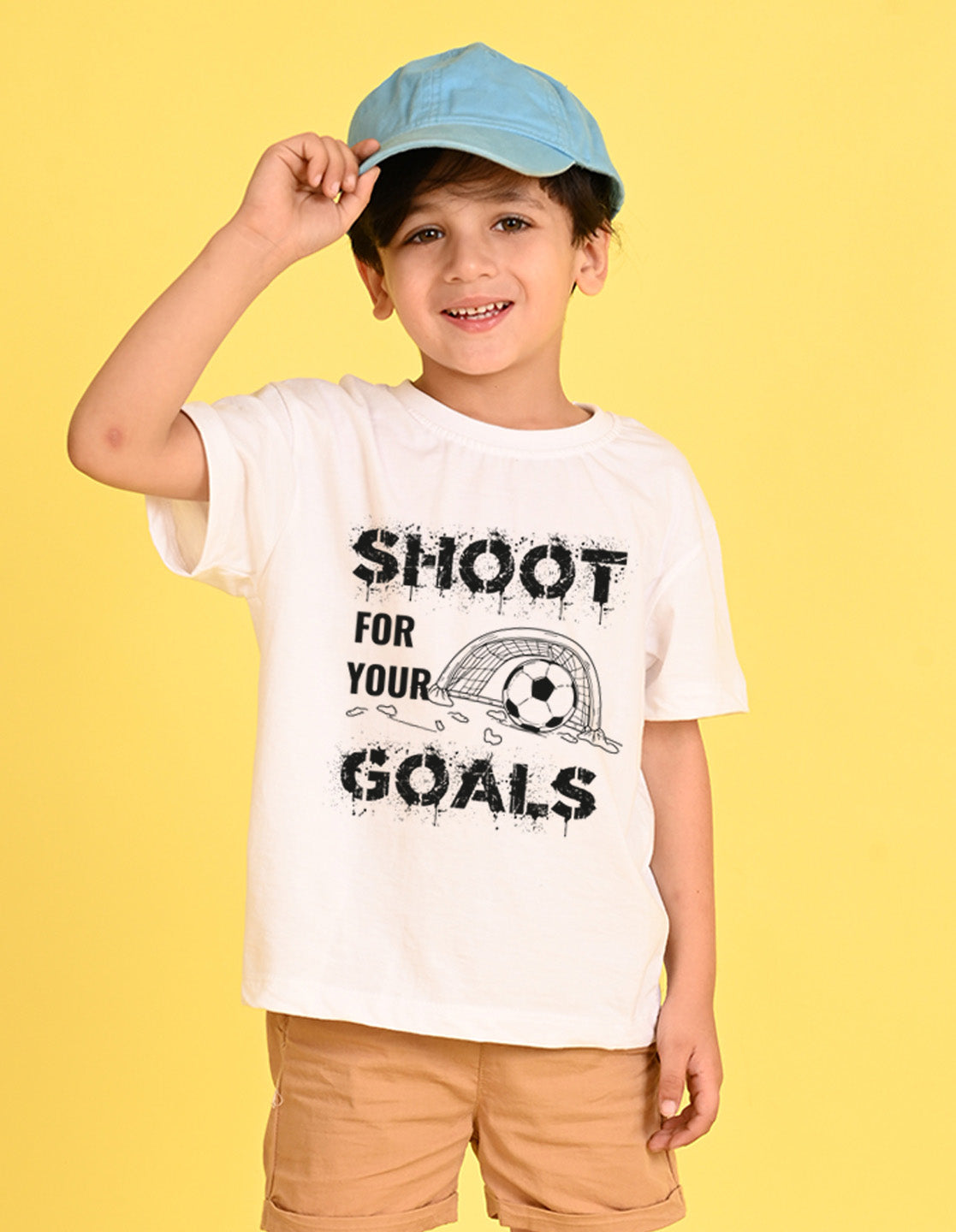 Nusyl Boys White Shoot For Your Goals Printed Short sleeve Cotton Blend Oversized T-shirts