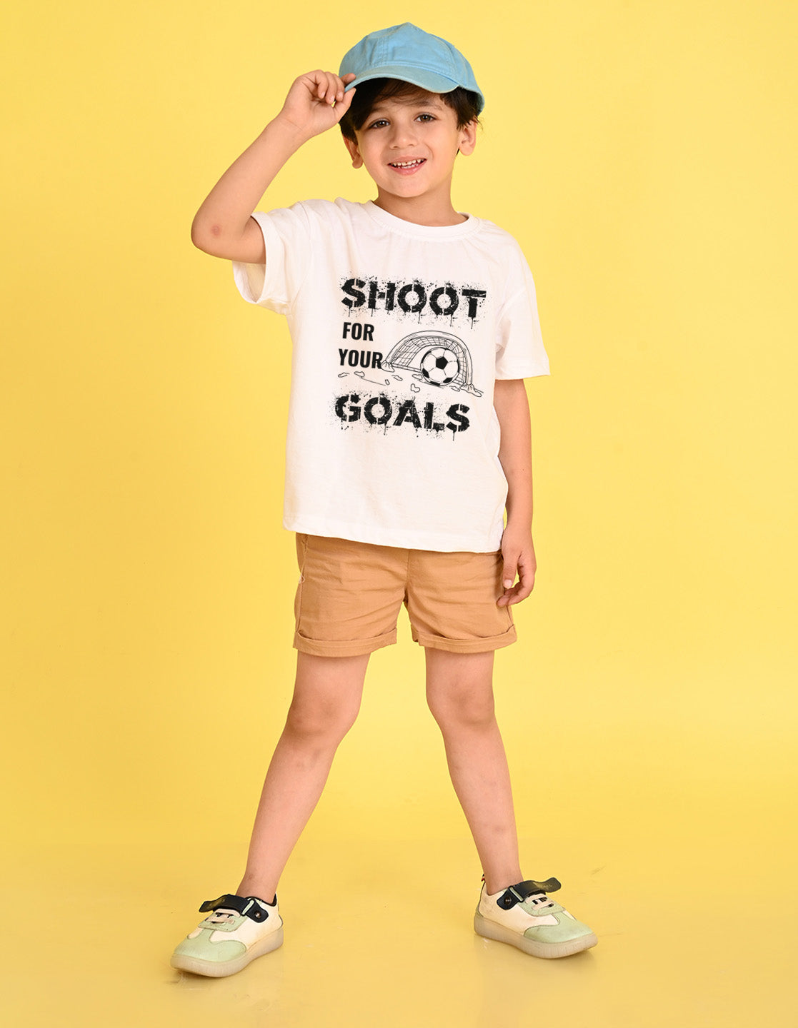 Nusyl Boys White Shoot For Your Goals Printed Short sleeve Cotton Blend Oversized T-shirts
