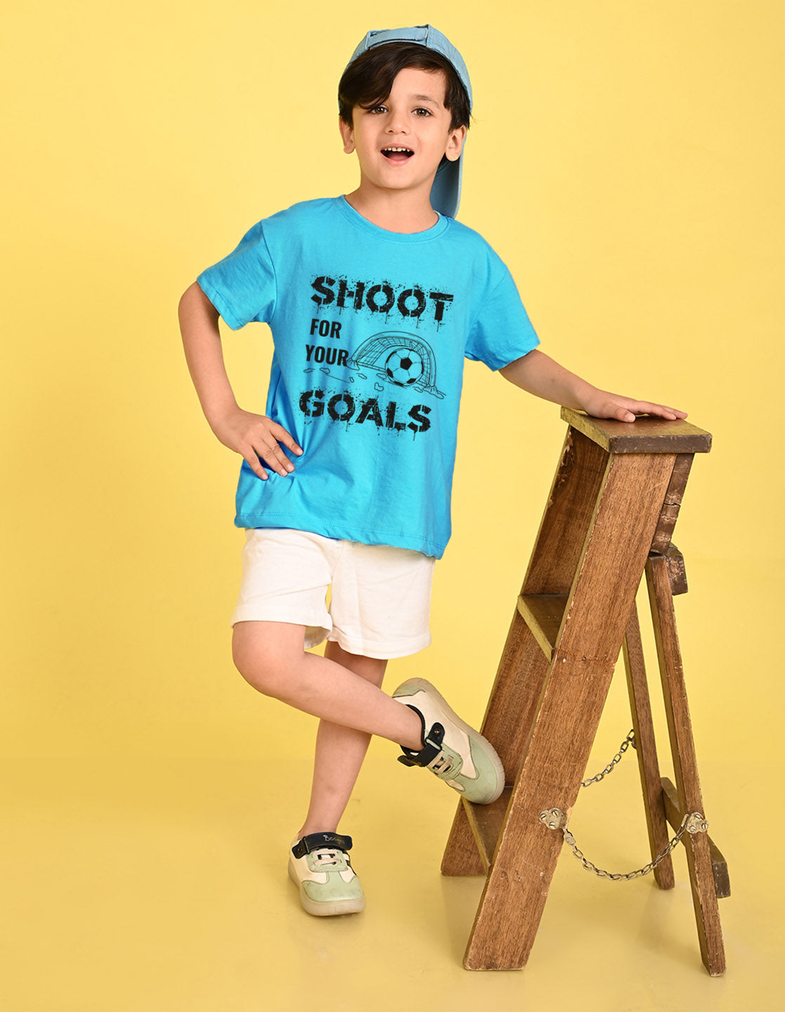 Nusyl Boys Sky Blue Shoot For Your Goals Printed Short sleeve Cotton Blend Oversized T-shirts