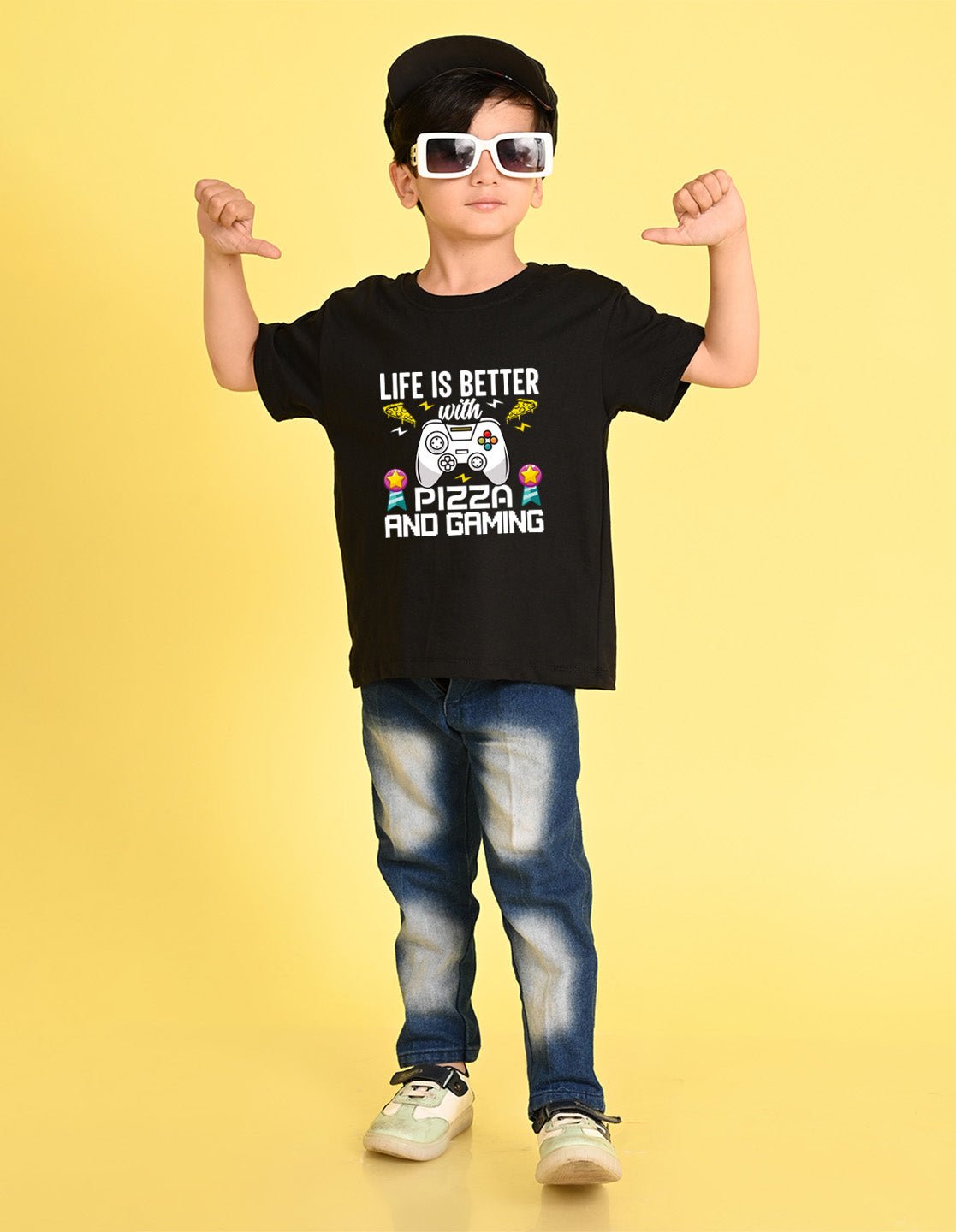 Nusyl Boys Black Life is Better Text Printed Short sleeve Cotton Blend Oversized T-shirts