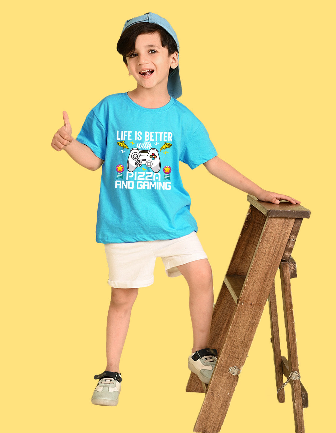 Nusyl Boys Sky Blue Life is Better Text Printed Short sleeve Cotton Blend Oversized T-shirts