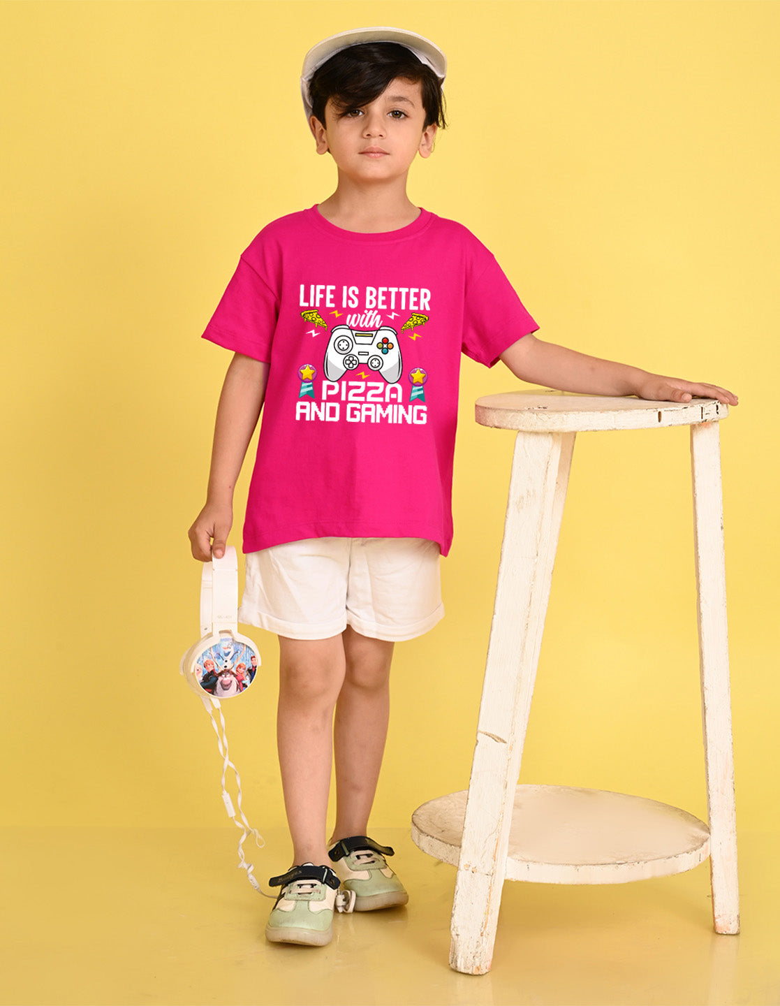 Nusyl Boys Hot Pink Life is Better Text Printed Short sleeve Cotton Blend Oversized T-shirts