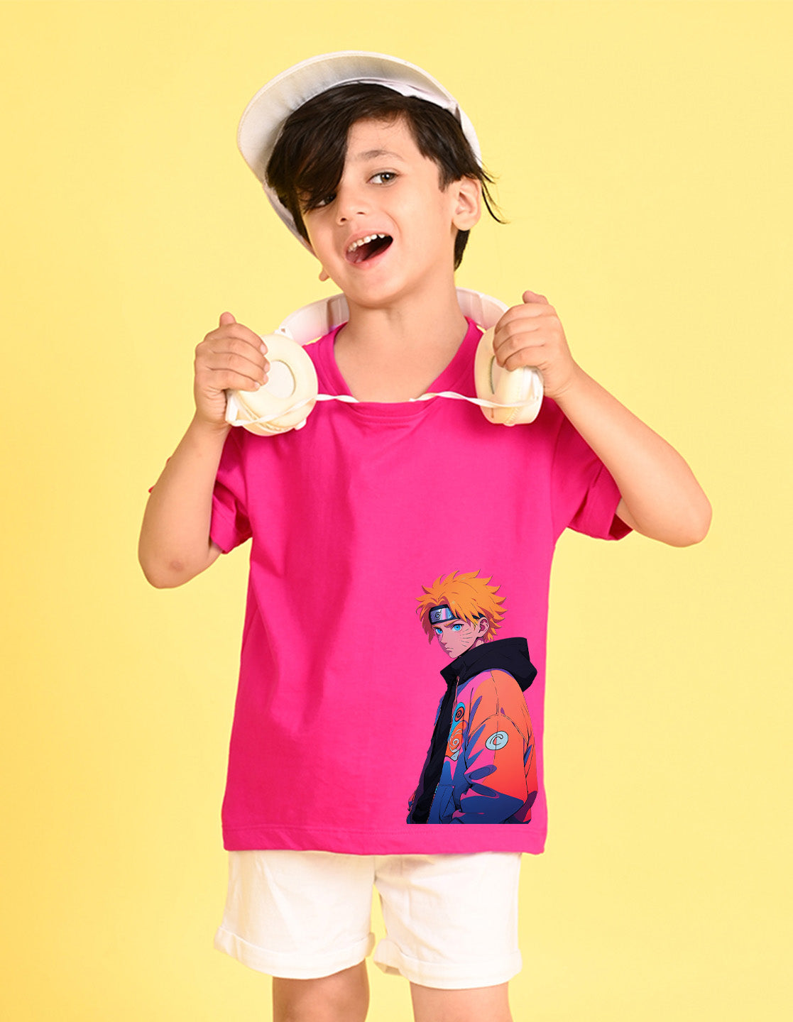 Nusyl Boys Hot Pink Naruto Printed Short sleeve Cotton Blend Oversized T-shirts