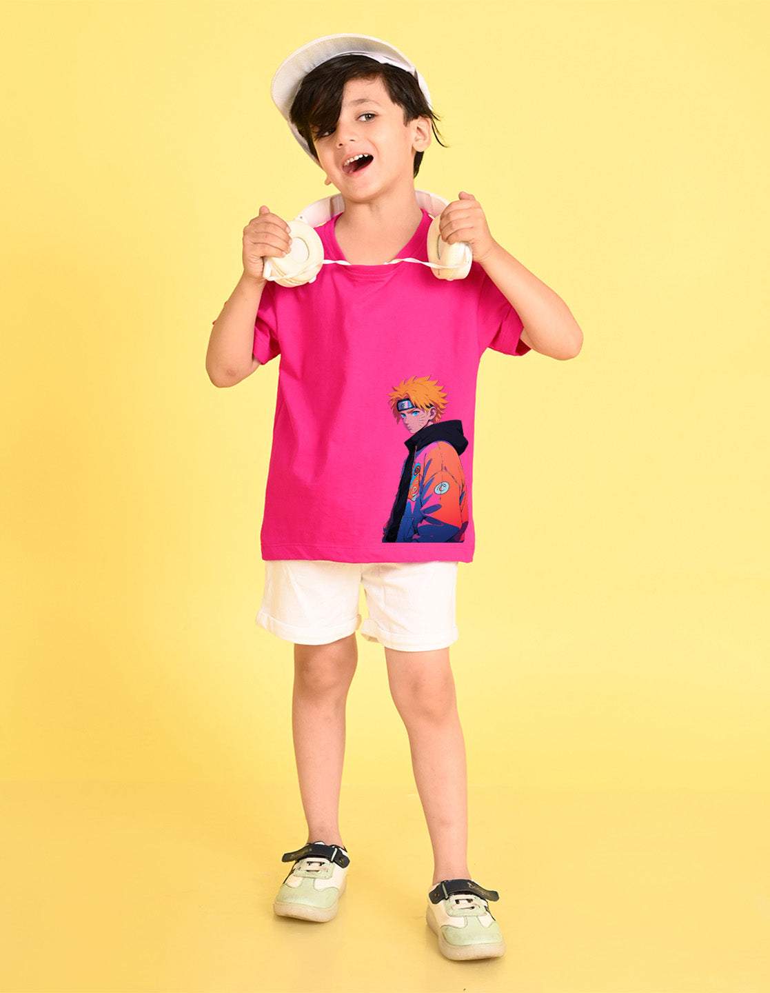 Nusyl Boys Hot Pink Naruto Printed Short sleeve Cotton Blend Oversized T-shirts