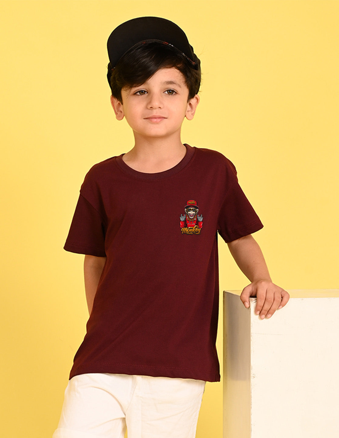 Nusyl Boys Wine Monkey Funky Printed Short sleeve Cotton Blend Oversized T-shirts