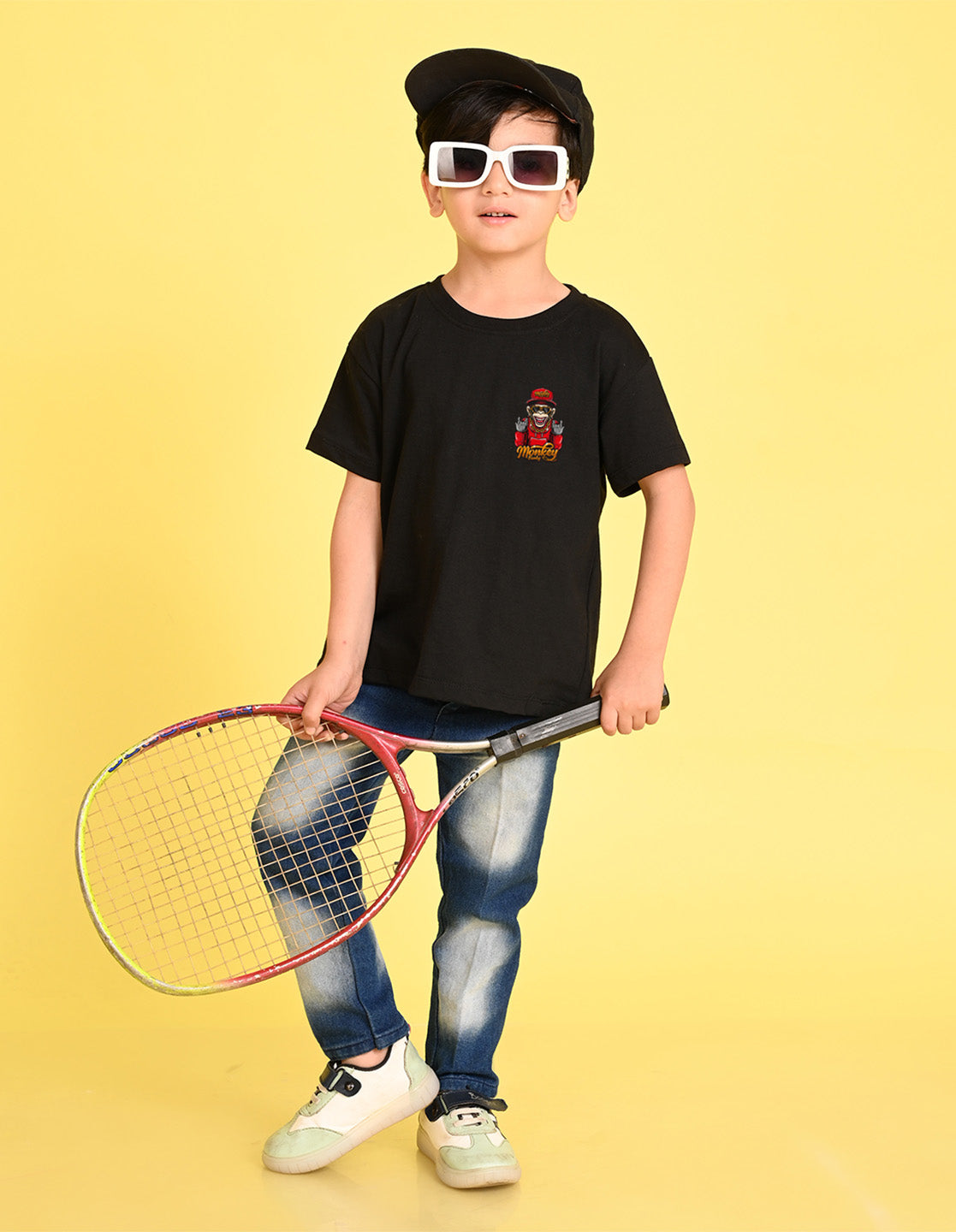 Nusyl Boys Black Monkey Funky Printed Short sleeve Cotton Blend Oversized T-shirts