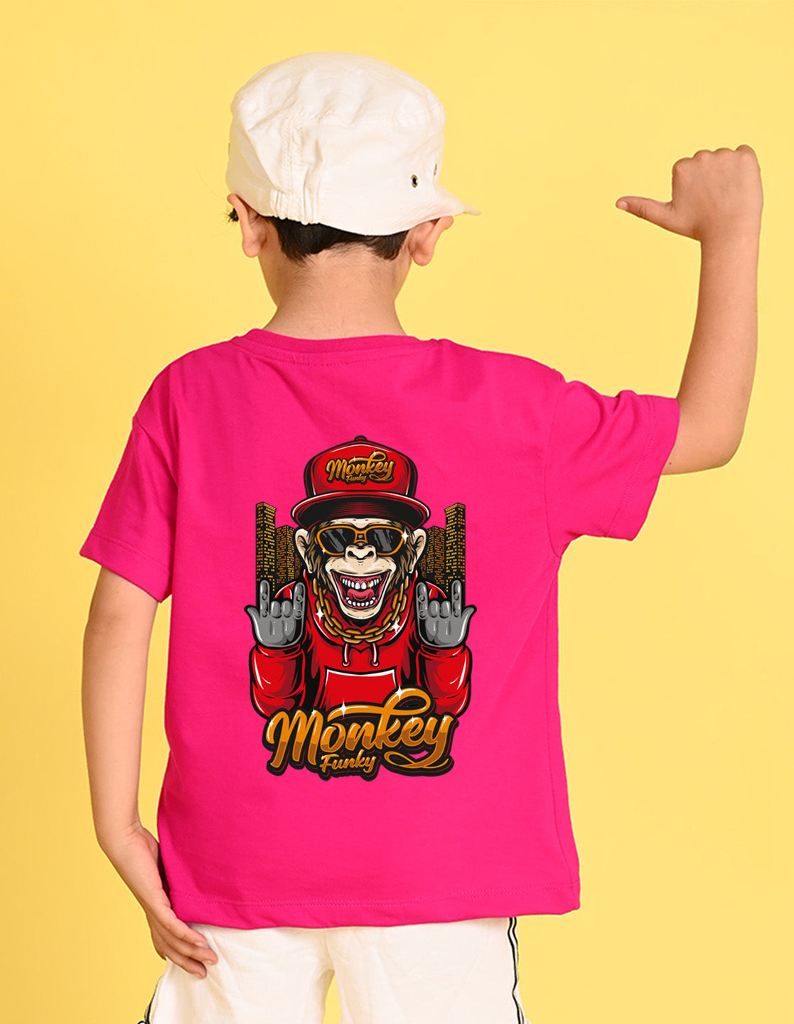 Nusyl Boys Hot Pink Monkey Funky Printed Short sleeve Cotton Blend Oversized T-shirts