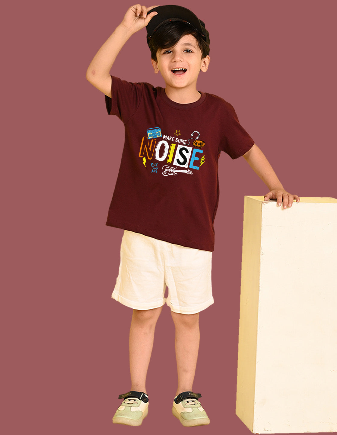Nusyl Boys Wine Noise Text Printed Short Sleeve Oversized T-Shirt