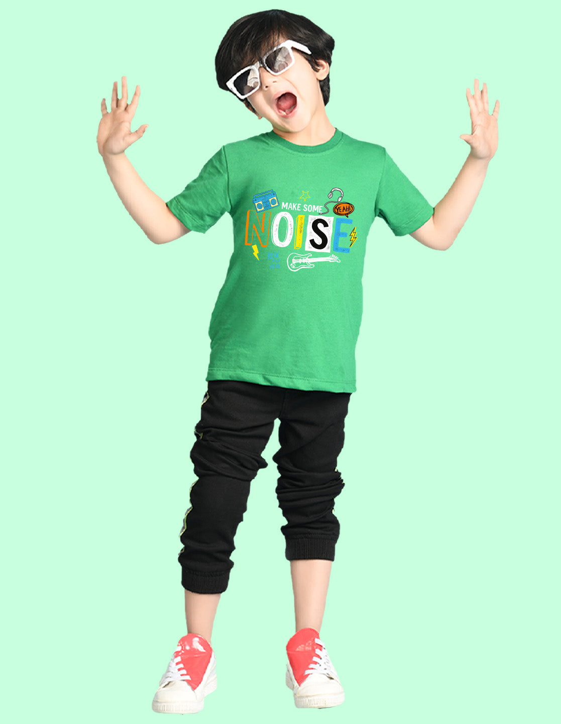 Nusyl Boys Green Noise Text Printed Short Sleeve Oversized T-Shirt