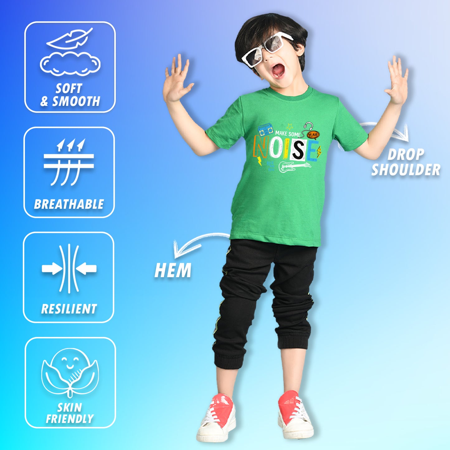 Nusyl Boys Green Noise Text Printed Short Sleeve Oversized T-Shirt