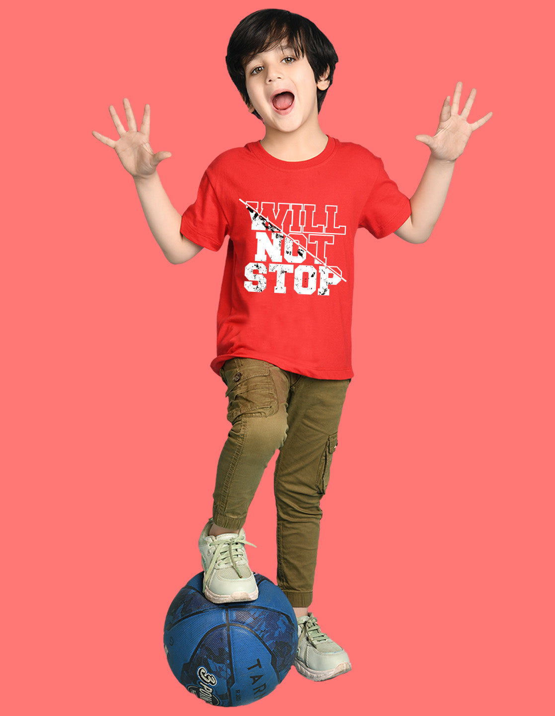 Nusyl Boys Red Will Not Stop Text Printed Short Sleeve Oversized T-Shirt