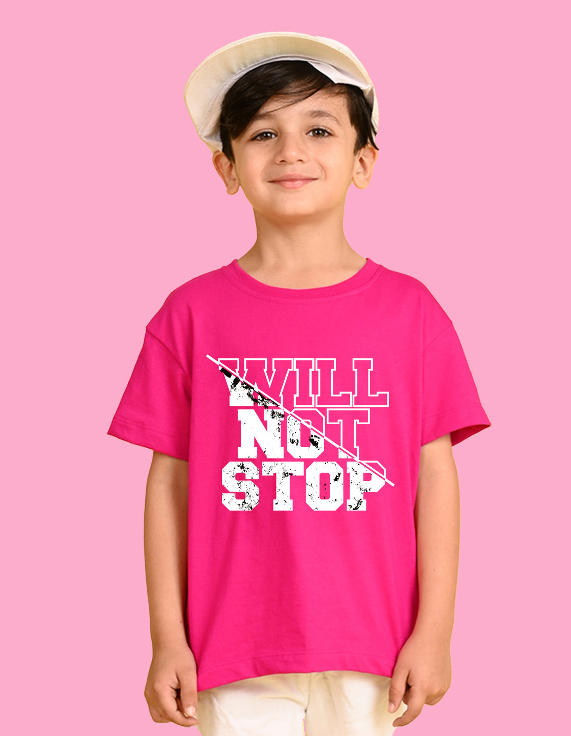 Nusyl Boys Hot Pink Will Not Stop Text Printed Short Sleeve Oversized T-Shirt