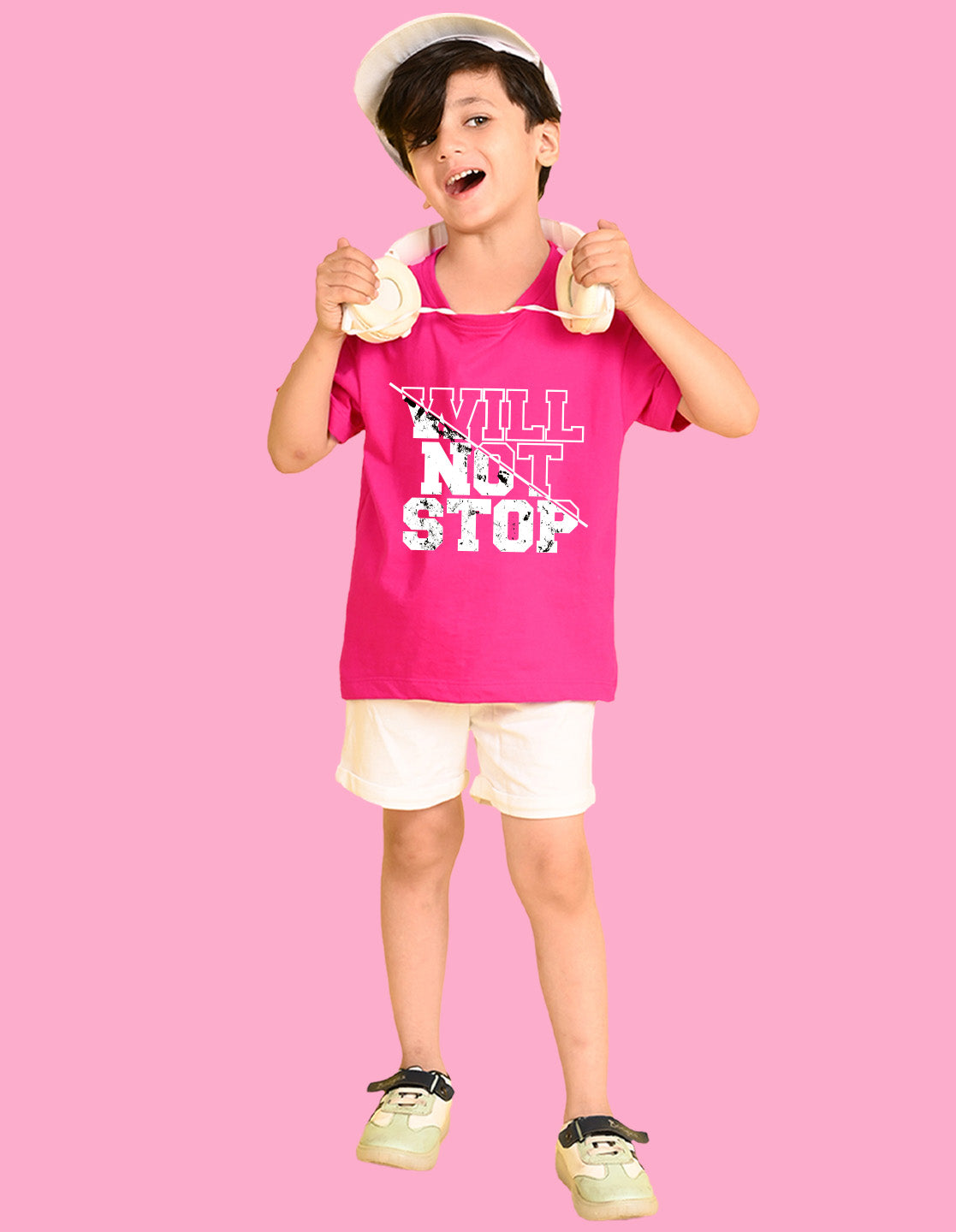 Nusyl Boys Hot Pink Will Not Stop Text Printed Short Sleeve Oversized T-Shirt