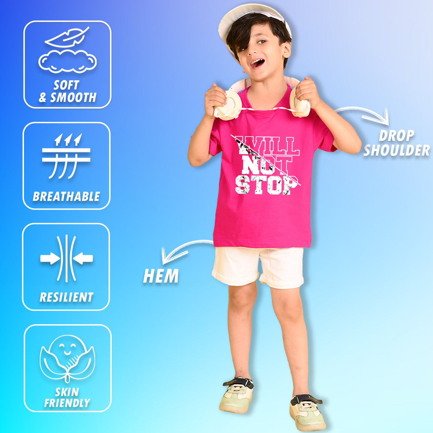 Nusyl Boys Hot Pink Will Not Stop Text Printed Short Sleeve Oversized T-Shirt