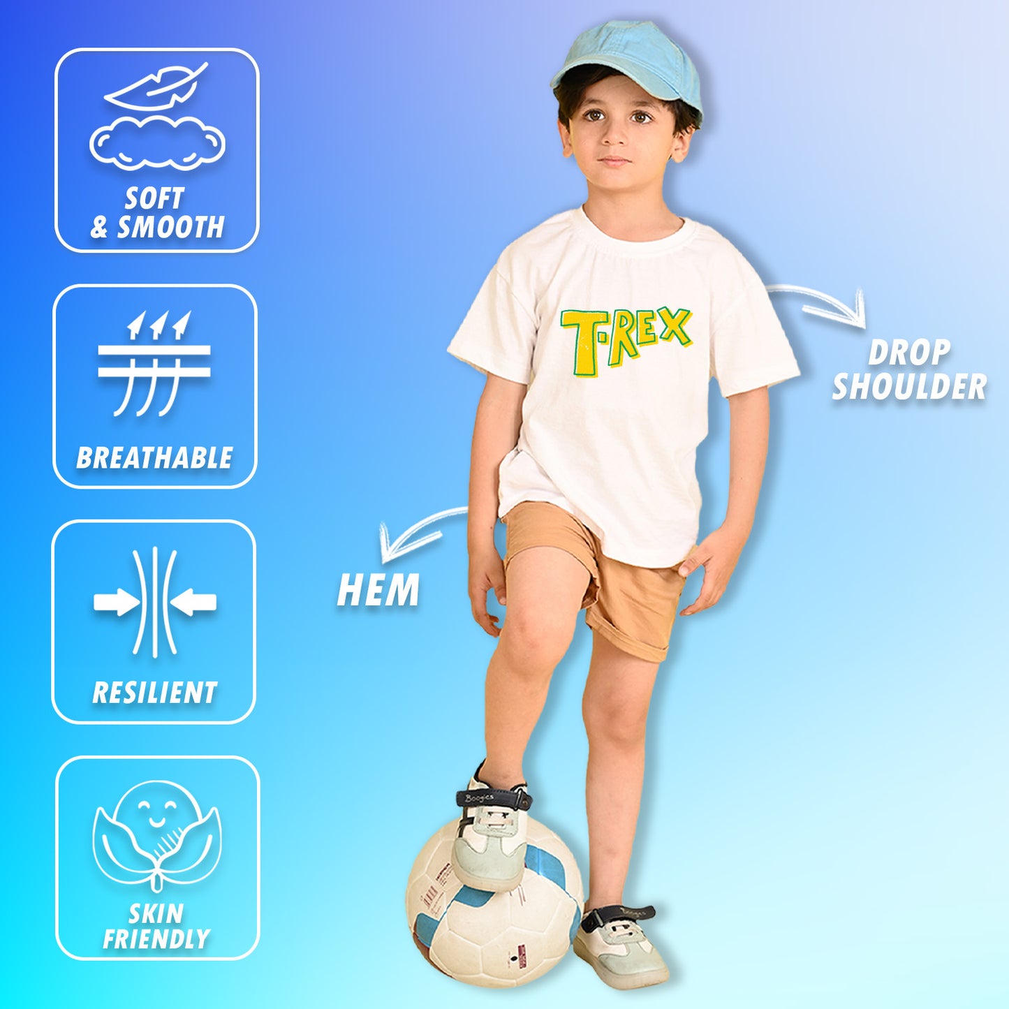 Nusyl Boys White T-Rex Text Printed Short Sleeve Oversized T-Shirt