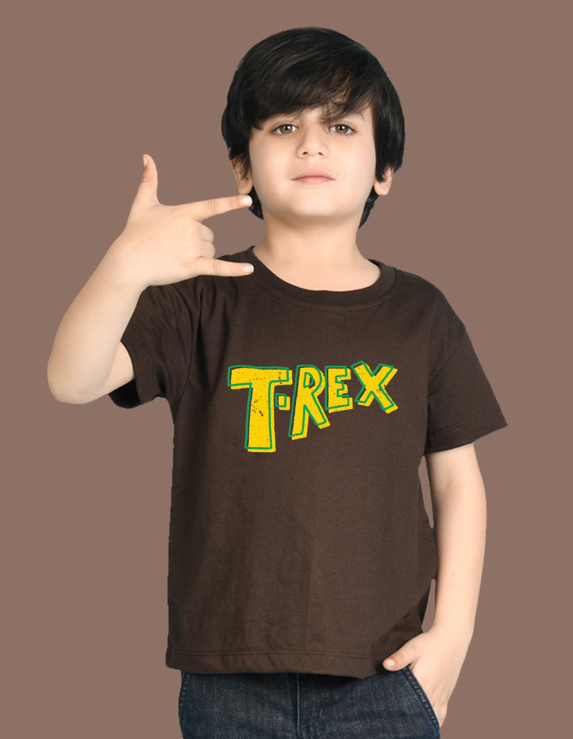 Nusyl Boys Brown T-Rex Text Printed Short Sleeve Oversized T-Shirt