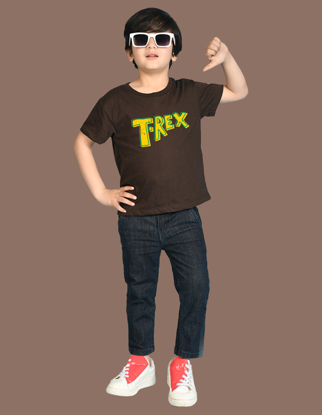 Nusyl Boys Brown T-Rex Text Printed Short Sleeve Oversized T-Shirt