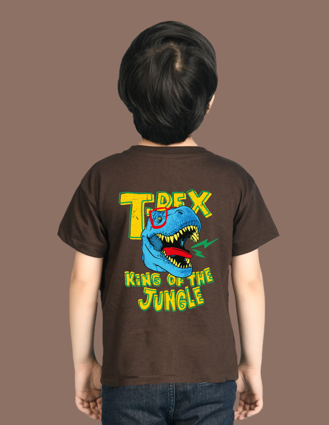 Nusyl Boys Brown T-Rex Text Printed Short Sleeve Oversized T-Shirt