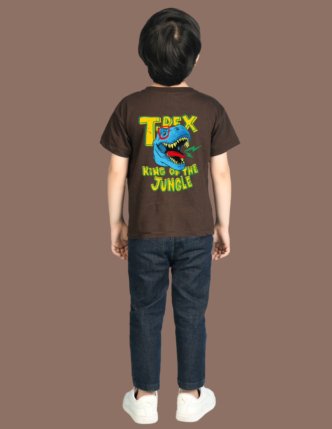 Nusyl Boys Brown T-Rex Text Printed Short Sleeve Oversized T-Shirt